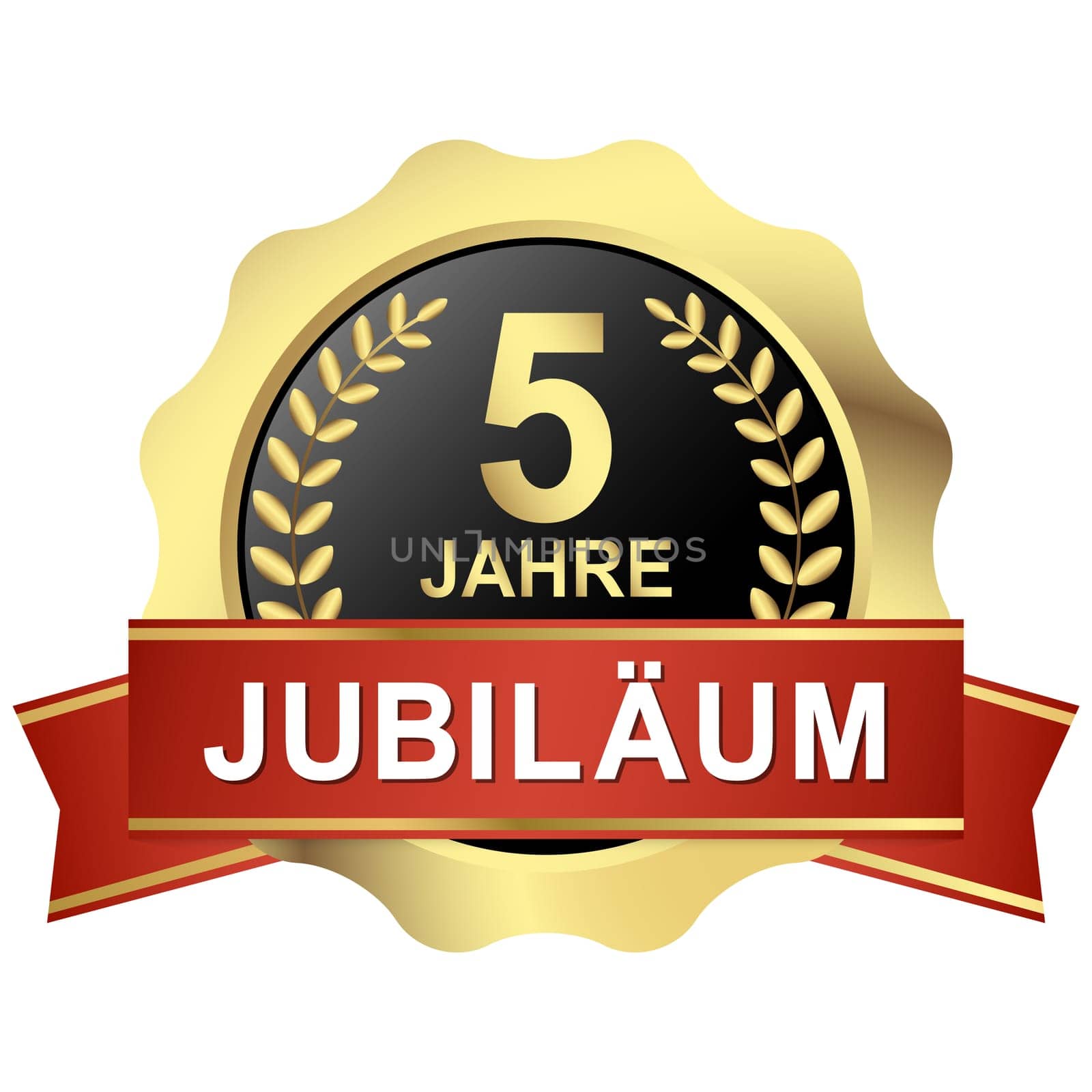 gold button with red banner for 5 years jubilee (text in german)