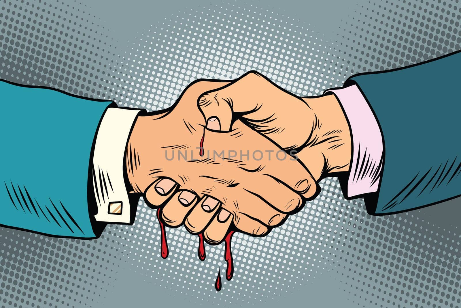 bloody handshake, underhanded business transaction. Pop art retro vector illustration drawing