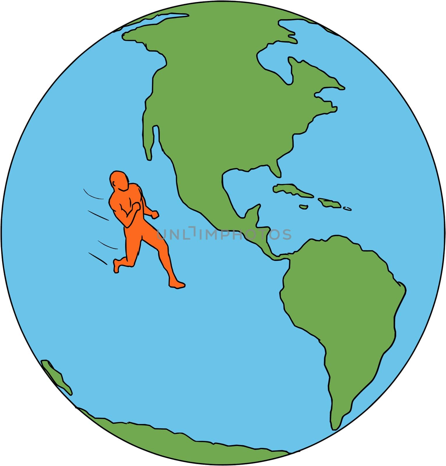 Drawing sketch style illustrations of marathon triathlete runner running viewed from the side set inside globe showing North and South America and the world.