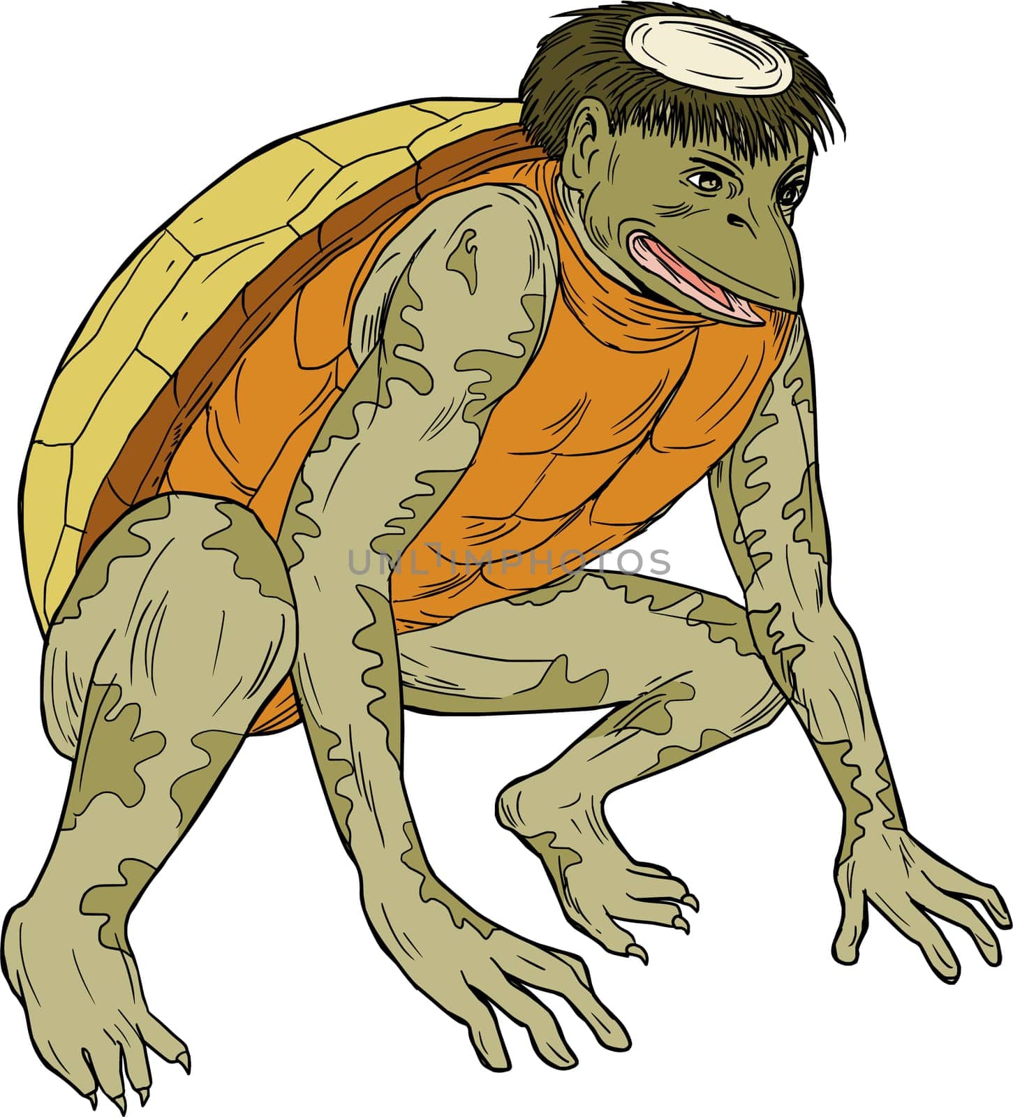 Drawing sketch style illustration of a kappa, kawataro, komahiki, or kawatora, a yokai demon or imp found in traditional Japanese folklore that is humanoid turtle crouching set on isolated white background.