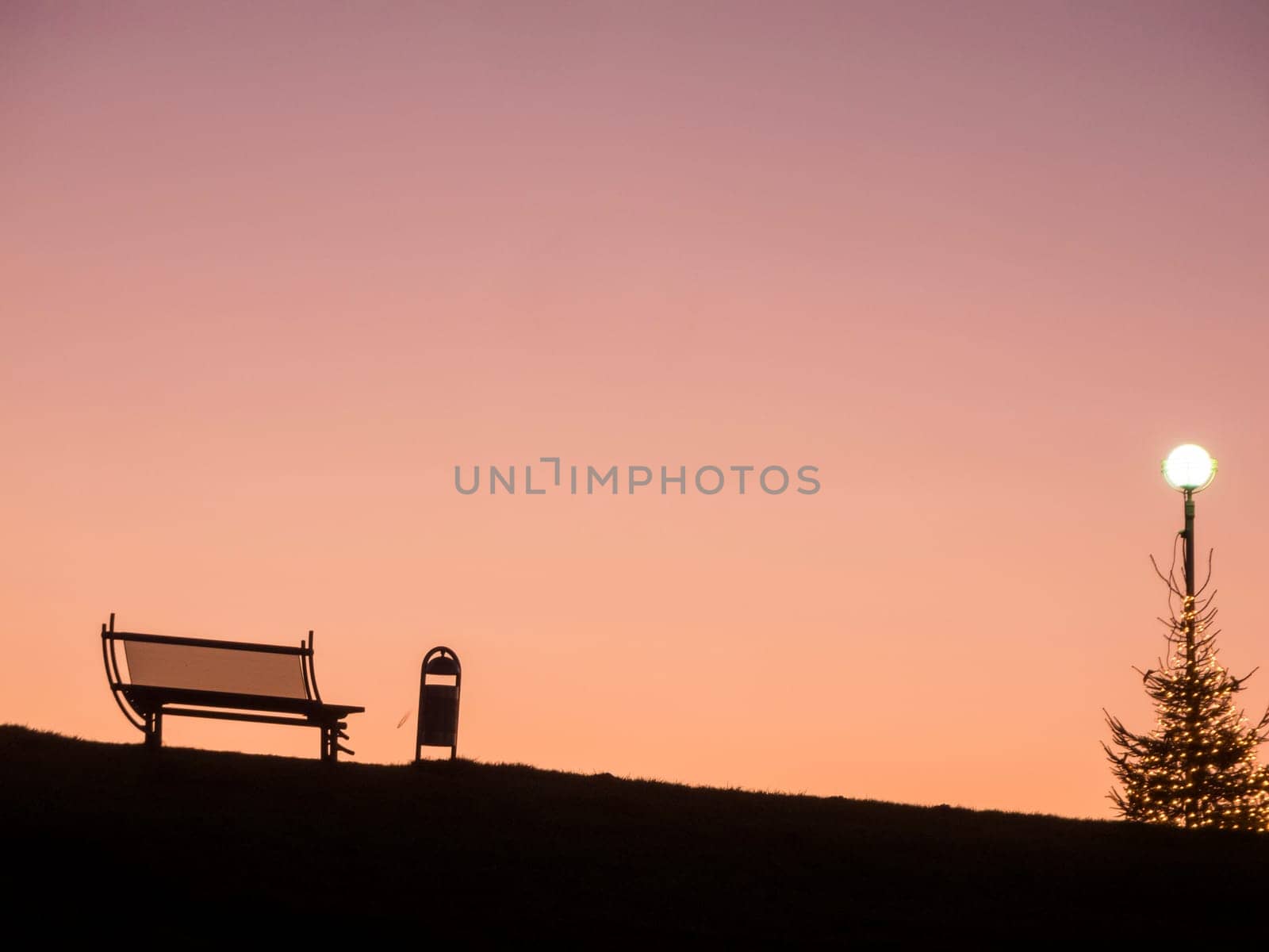 Silhouette of a bench with Christmas tree in the backlight of the sunset in East Frisia.