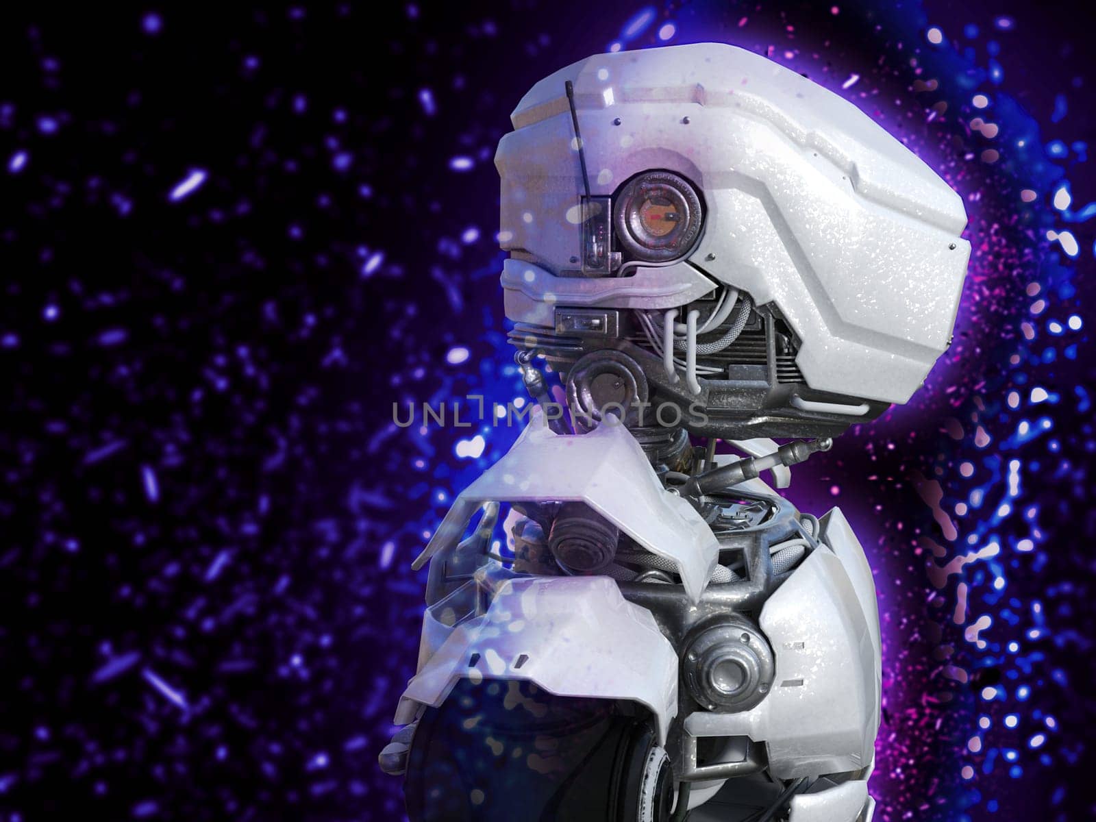 A portrait of a futuristic robot head in profile, 3D rendering.