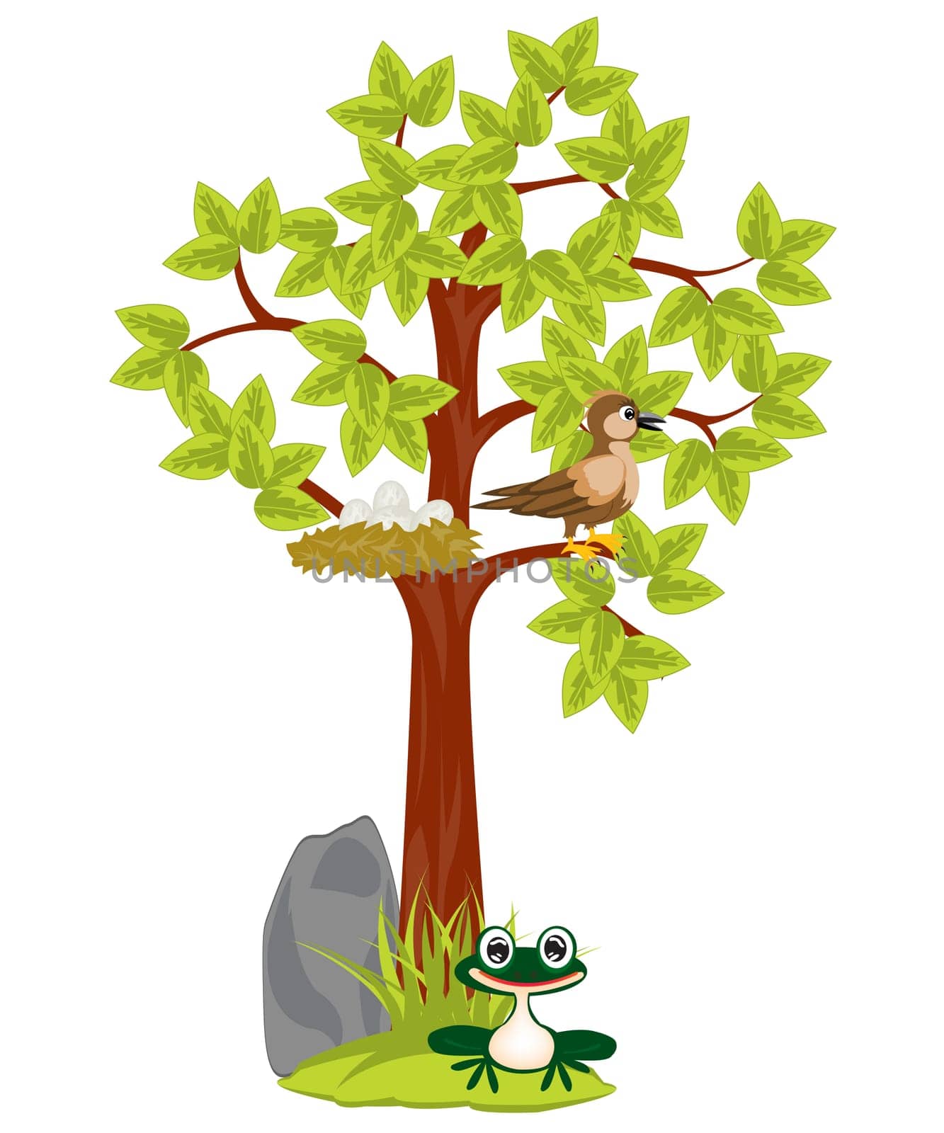 Illustration tree with jack and bird sitting on him