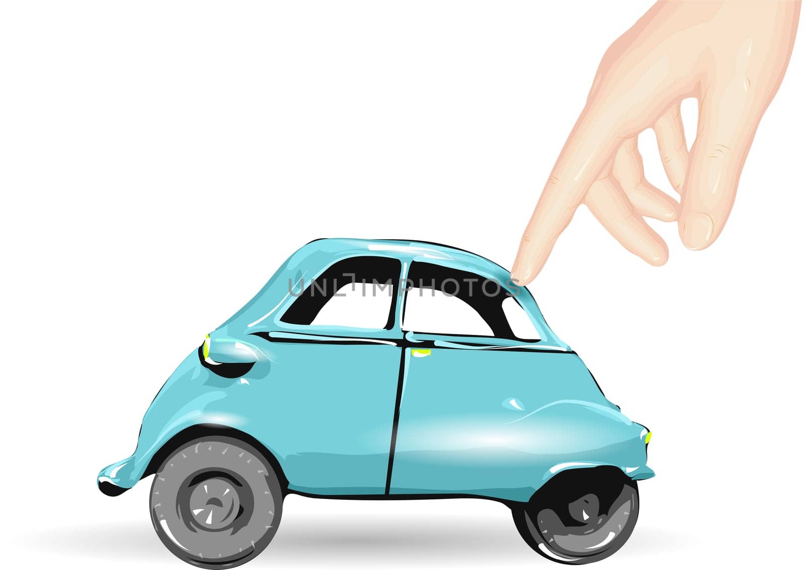 toy car and human hand in white background