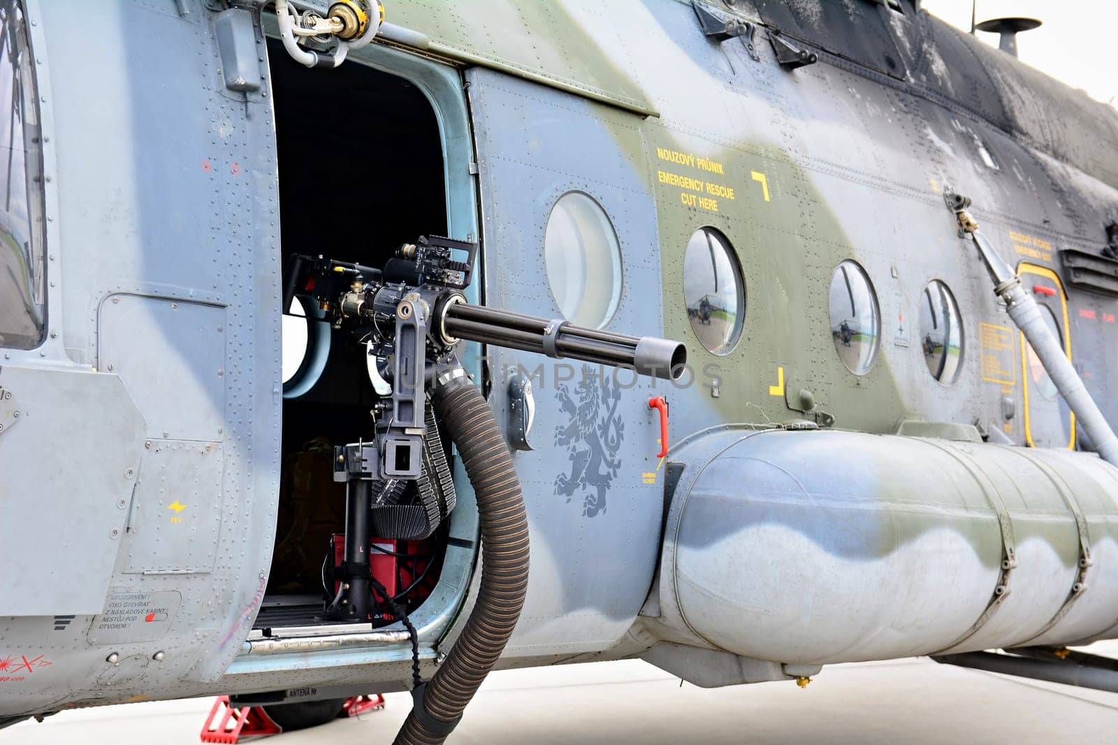 CASLAV, CZECH REPUBLIC - MAY 20, 2017: Machine gun of a multi-purpose helicopter of middle class Mil Mi-171S on static exhibition during the Open Day at Tactical Air Force Base Caslav on May 20, 2017 in Caslav.