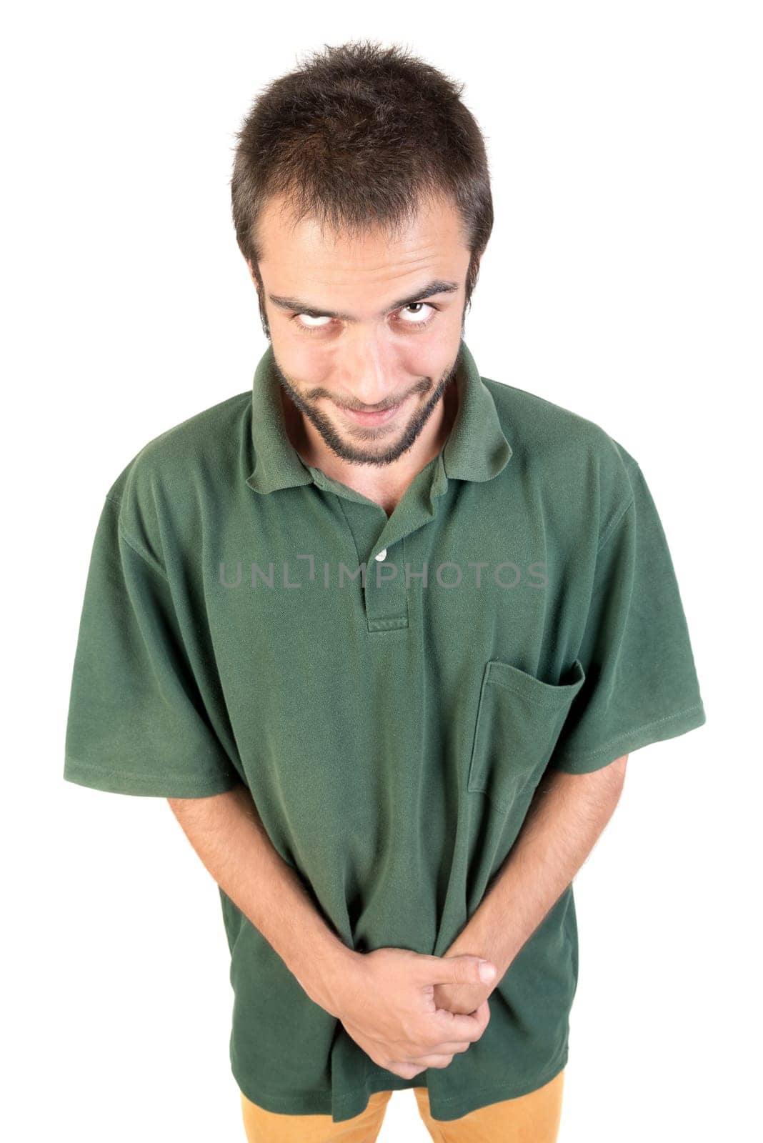 young man making creepy faces isolated in white