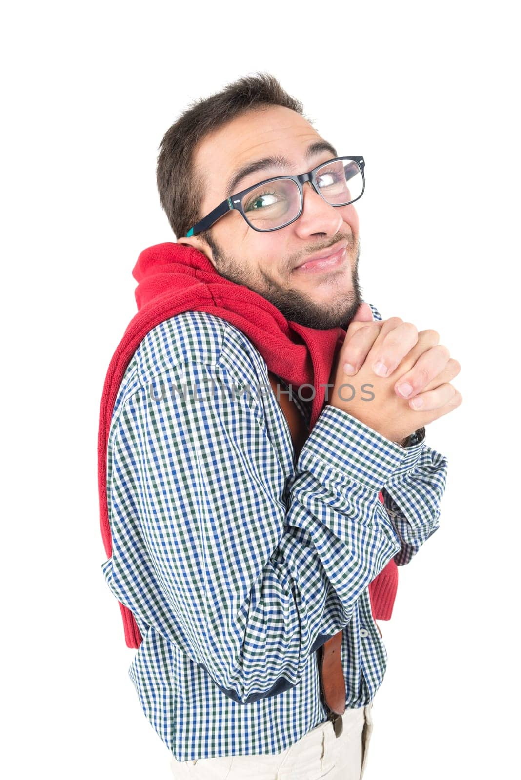 Nerd in love posing isolated in a white background