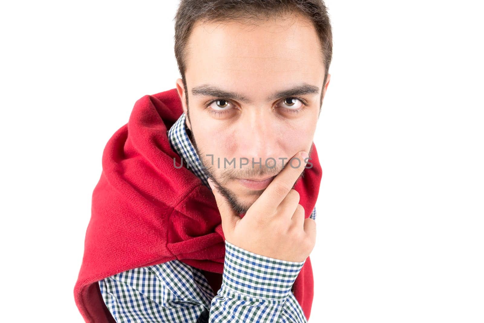 Young nerd thinking isolated in a white background
