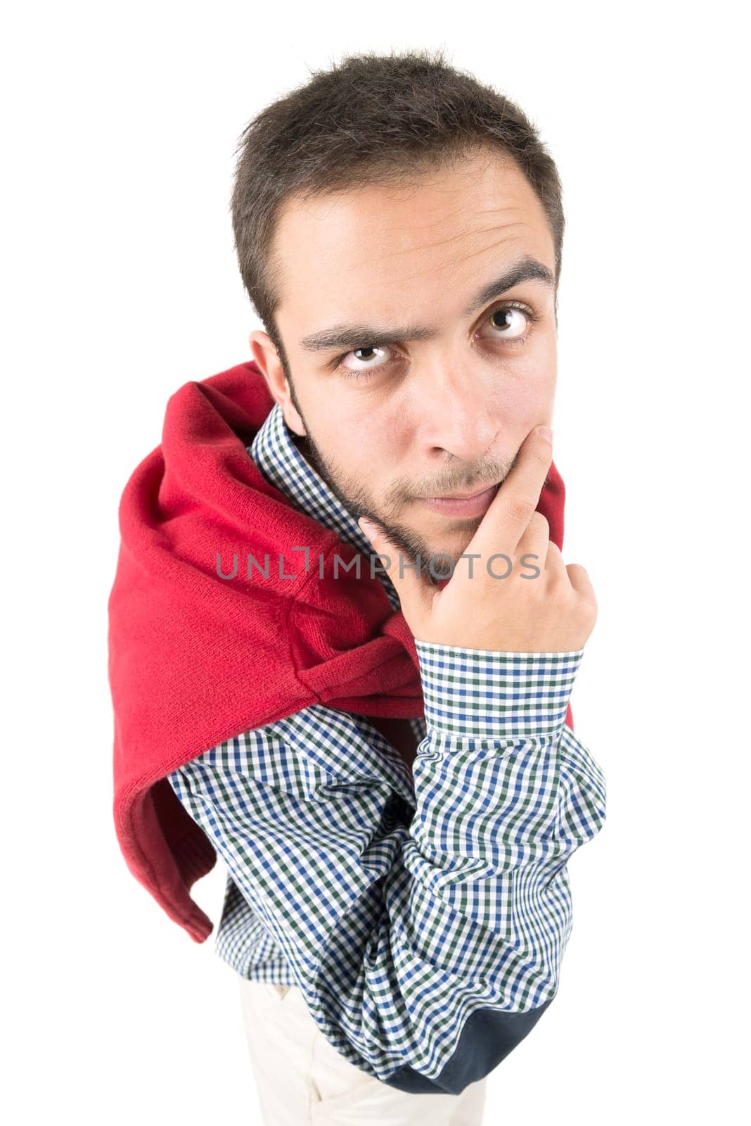 Young nerd thinking isolated in a white background
