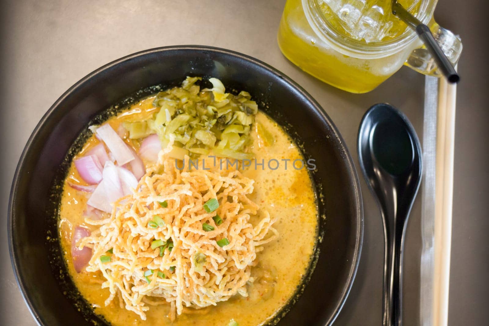 Spicy Yellow Curry With Crispy Noodle, stock photo