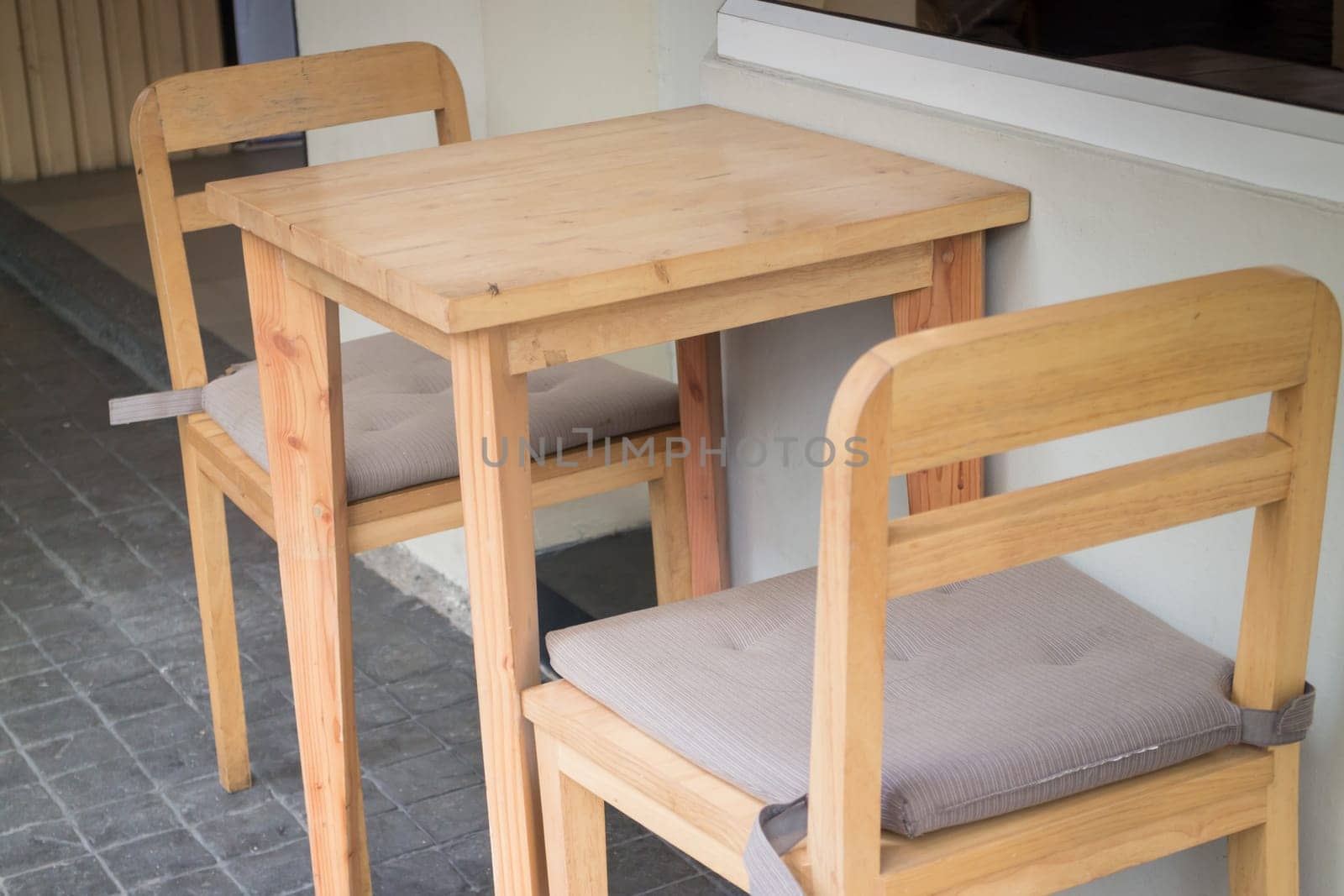 Wooden  Furniture Set Of Street Coffee Shop, stock photo