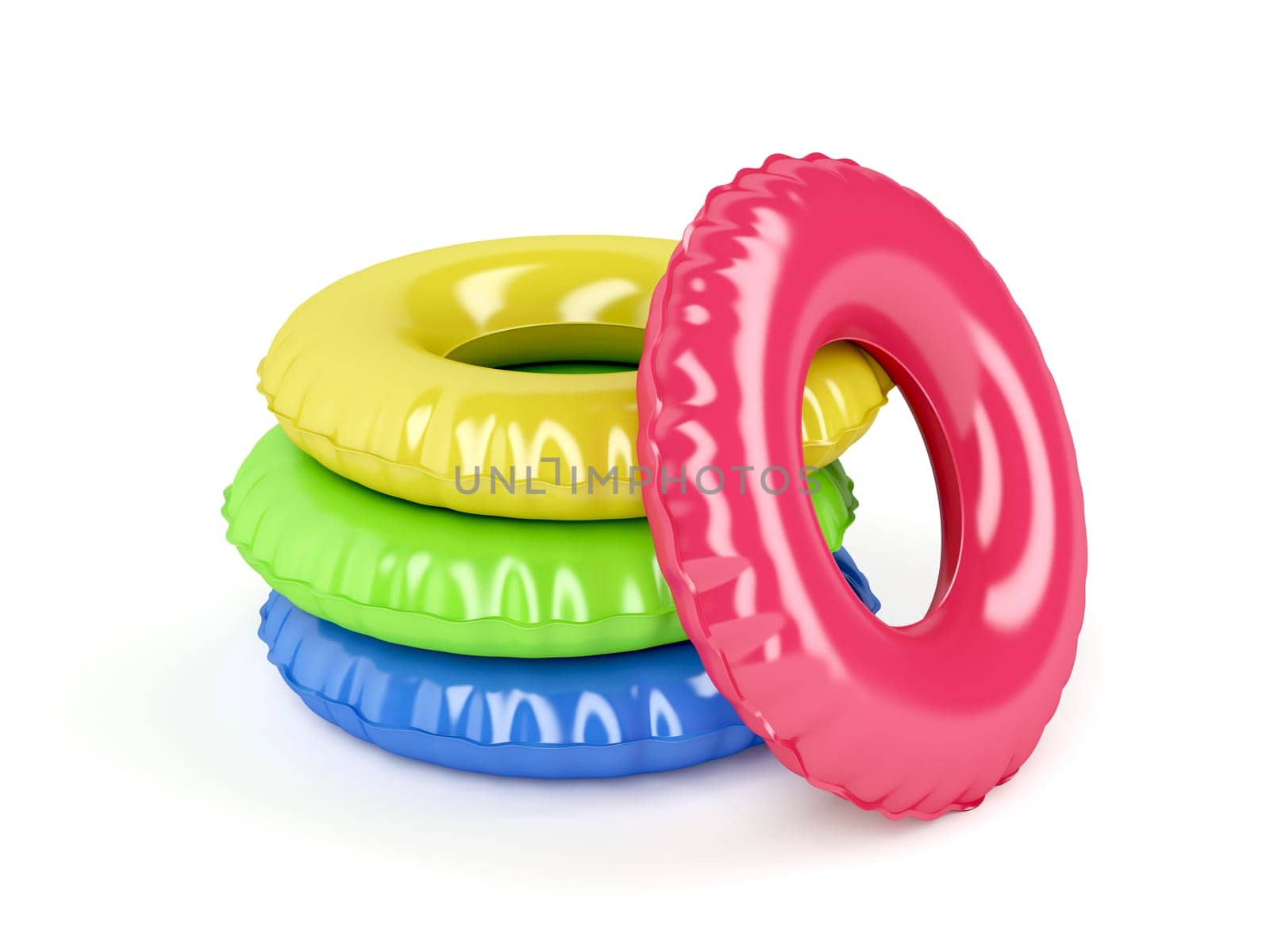 Group of swim rings with different colors on white background