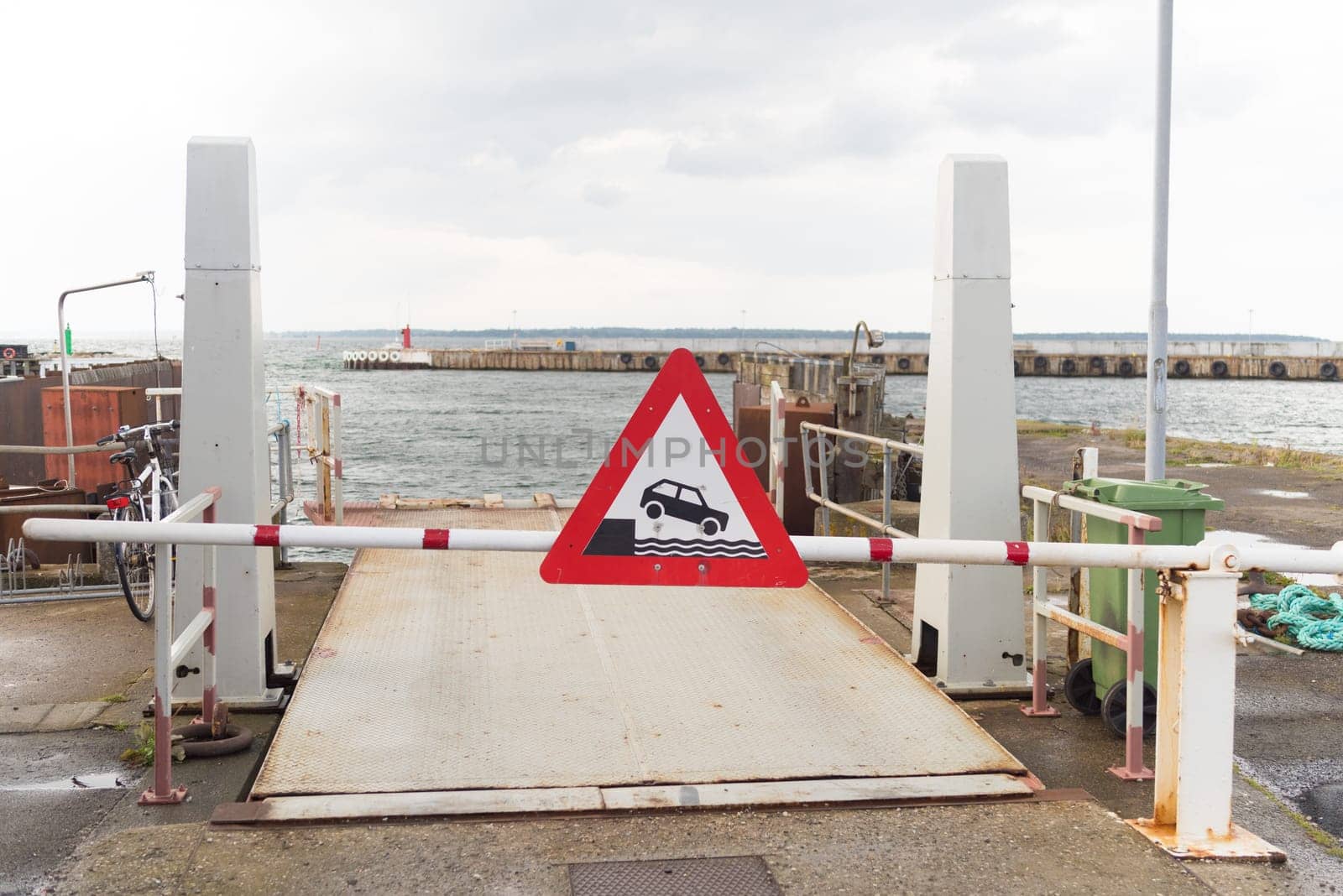 closed driveway to the Hundested - Roervig ferry boat in Denmark