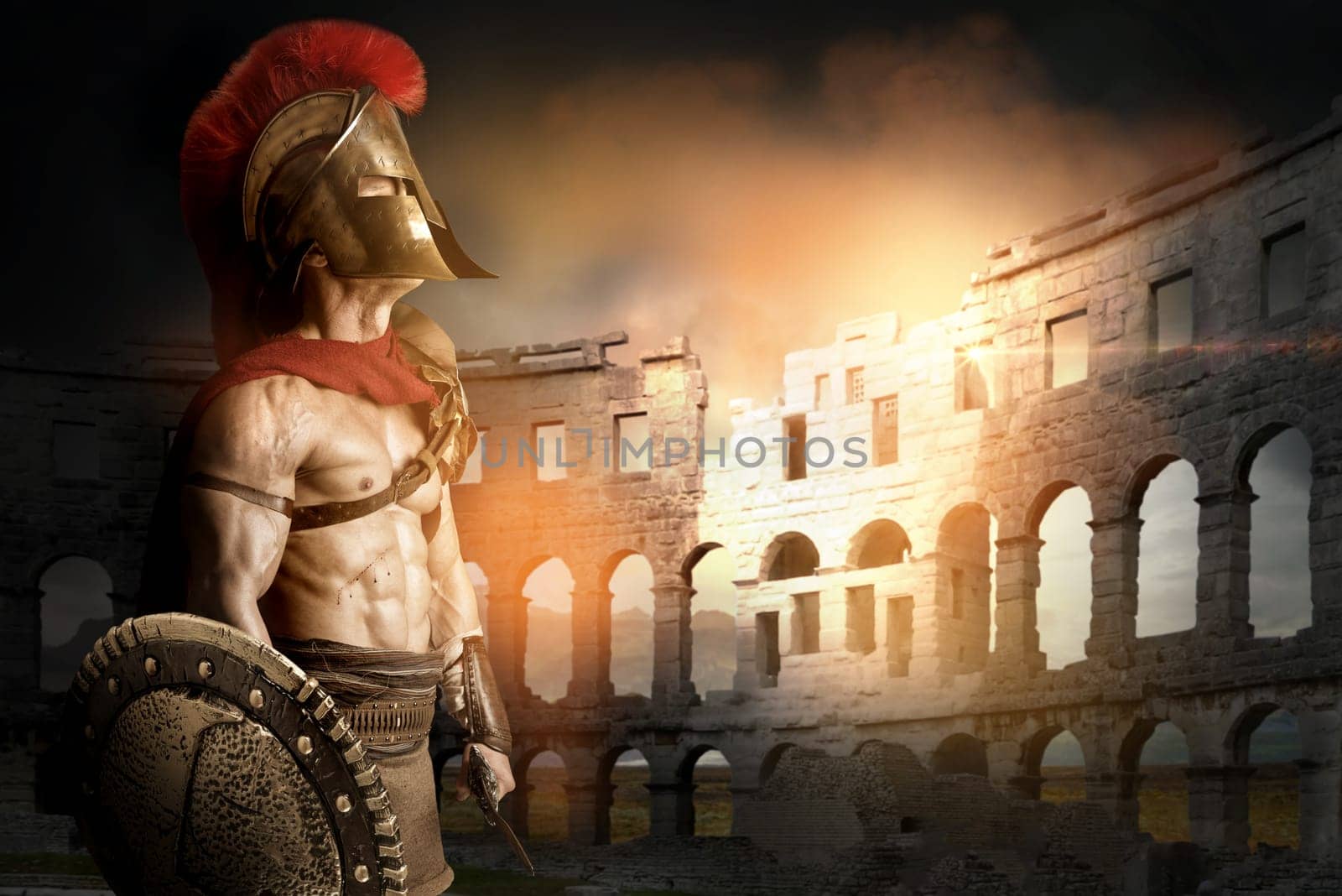Ancient warrior or Gladiator posing in the arena