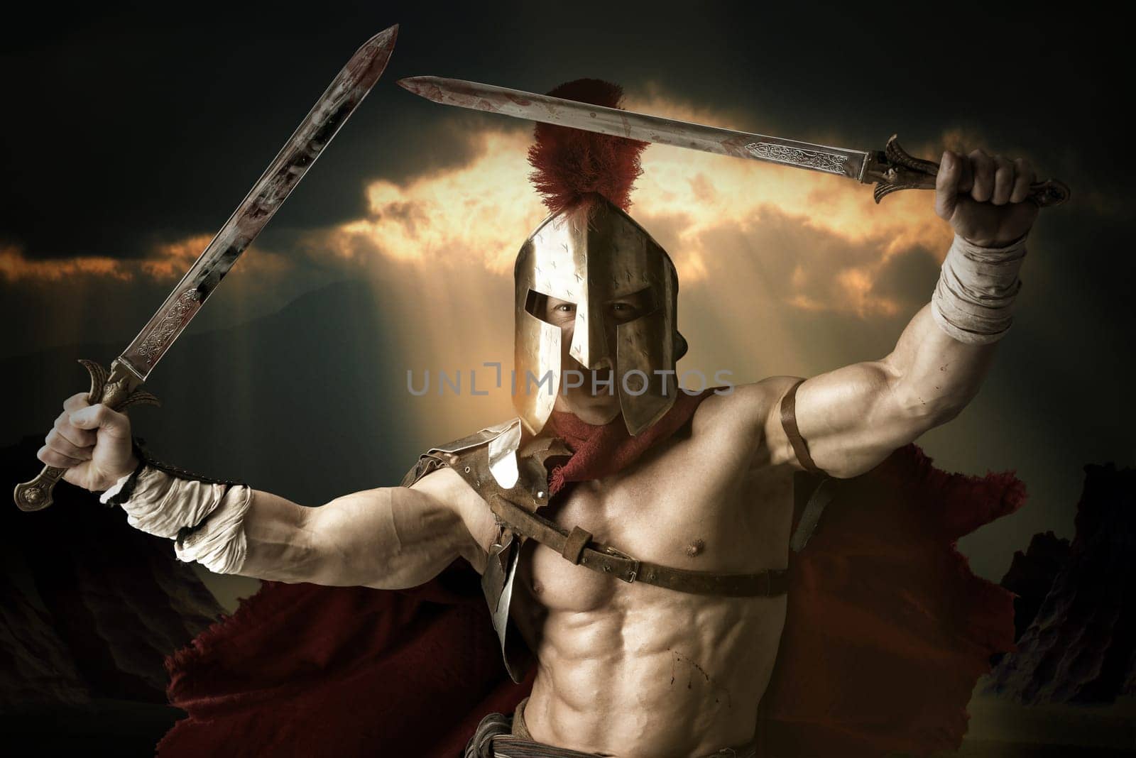 Ancient warrior or Gladiator posing outdoors with helmet
