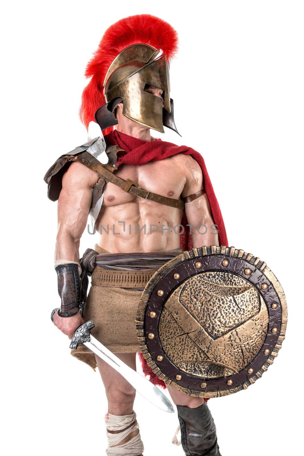 Ancient warrior or Gladiator posing over a white background