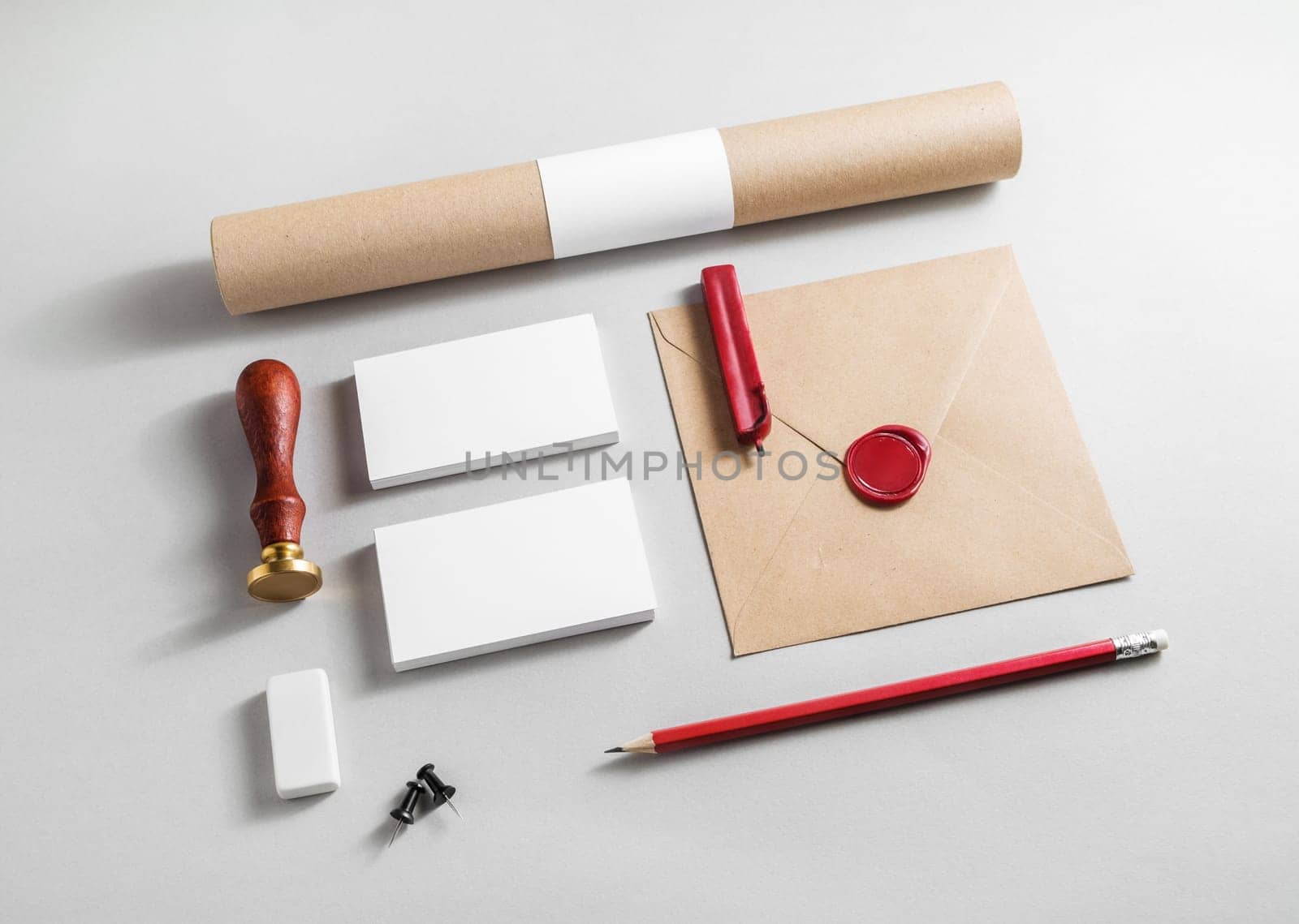 Corporate identity elements on paper background. Blank stationery set. Branding mock up. Blank objects for placing your design.
