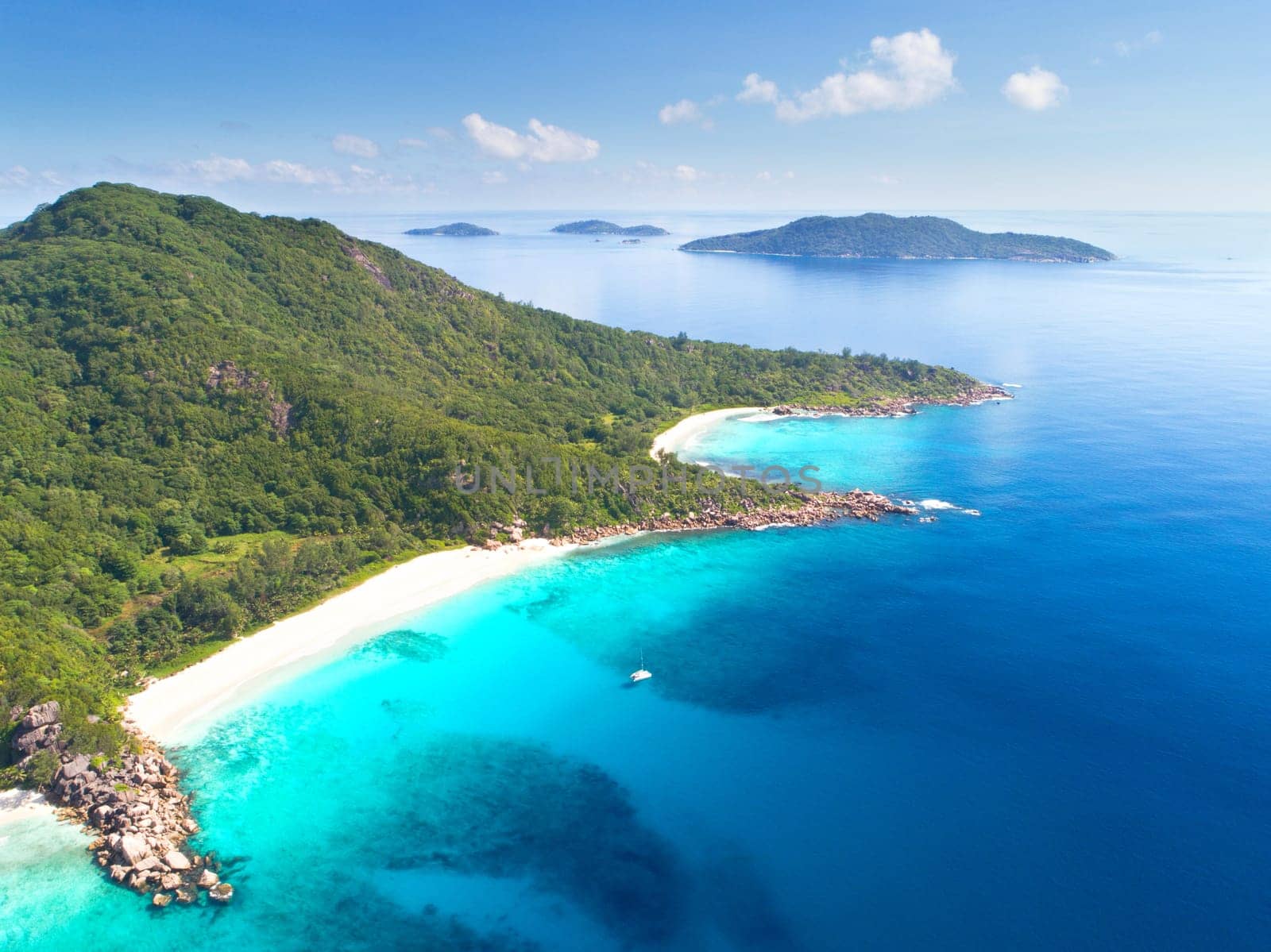Drone image of the beach bays Anse Cocos,Petit Anse and Grand Anse - Seychelles