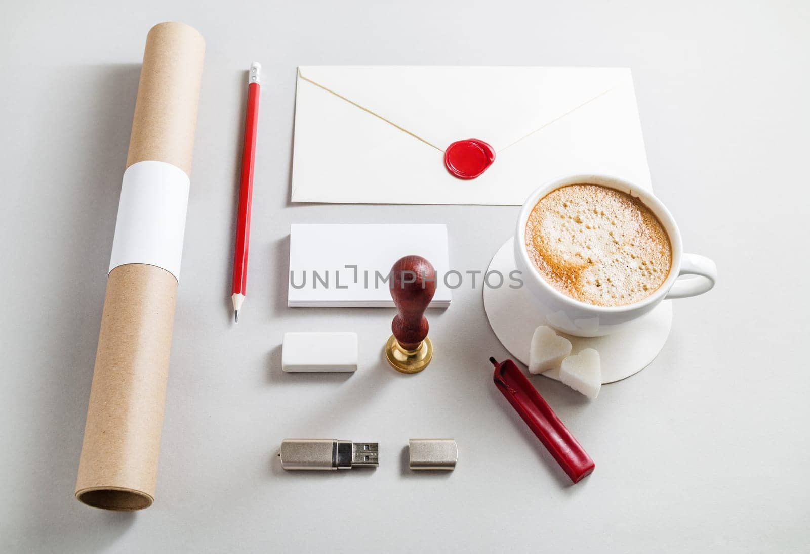 Photo of blank stationery set on paper background. Corporate identity template. Responsive design mockup. Top view.