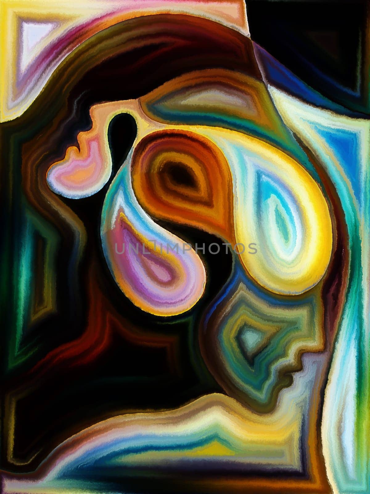 Inner Dialog series. Design composed of human profiles and vivid paint shapes as a metaphor on the subject of emotions, relationships, human drama, spirituality and design