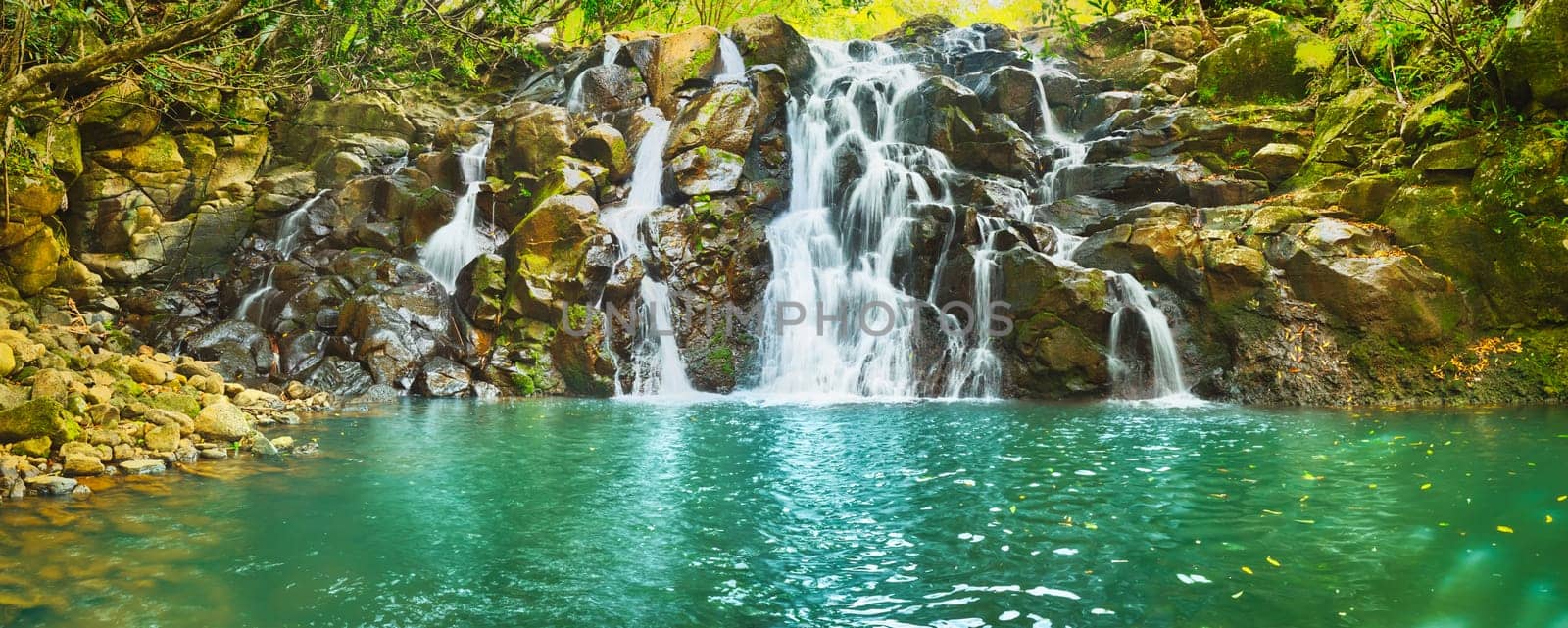 Scenic Cascade Vacoas waterfall. Mauritius island. Panorama