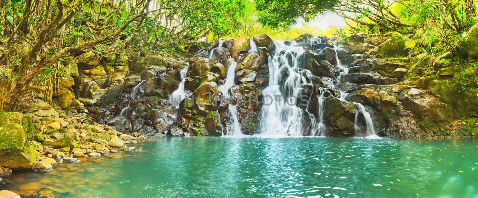 Scenic Cascade Vacoas waterfall. Mauritius island. Panorama