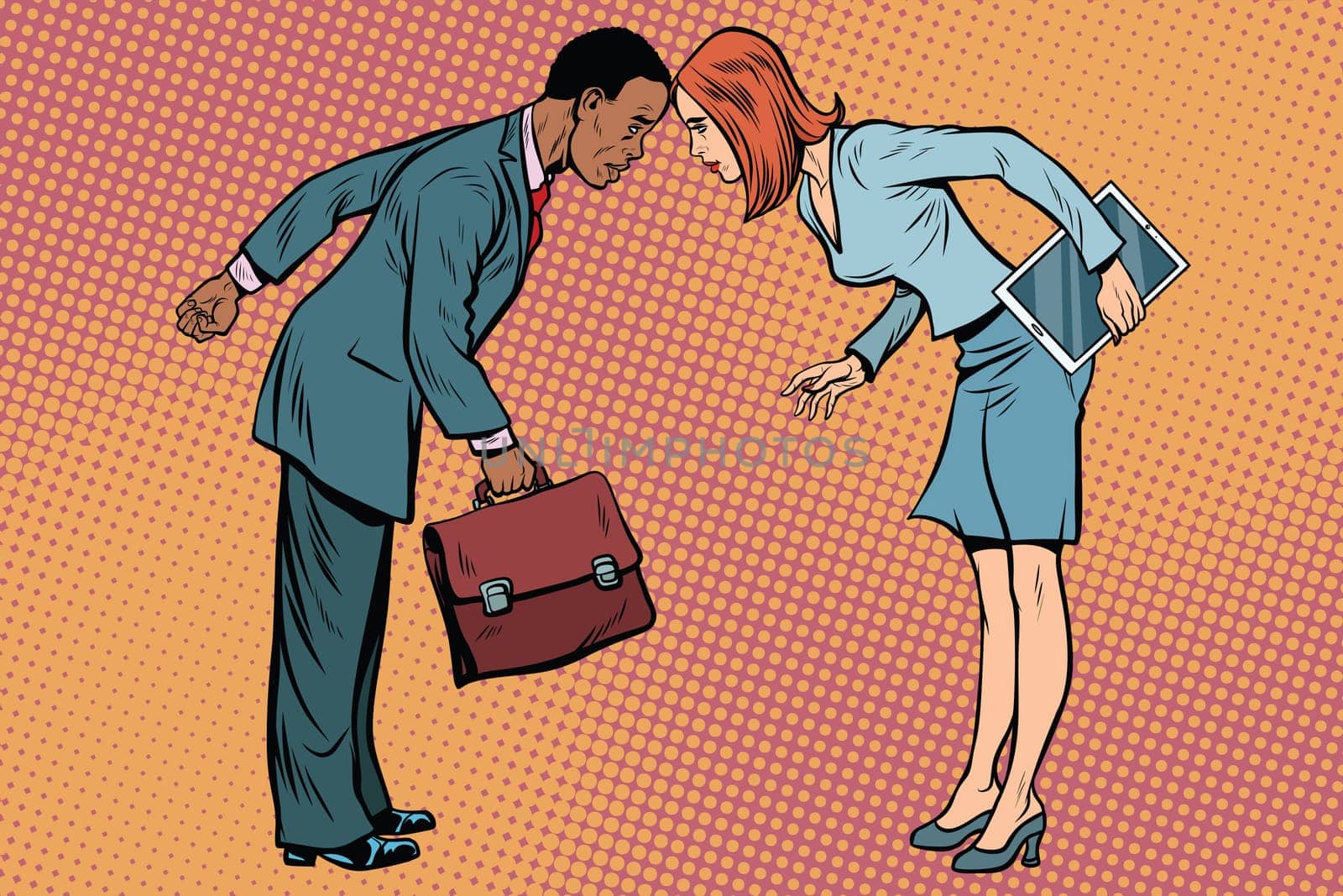 Two businessman in conflict. Racial and sexual discrimination. Pop art retro vector illustration