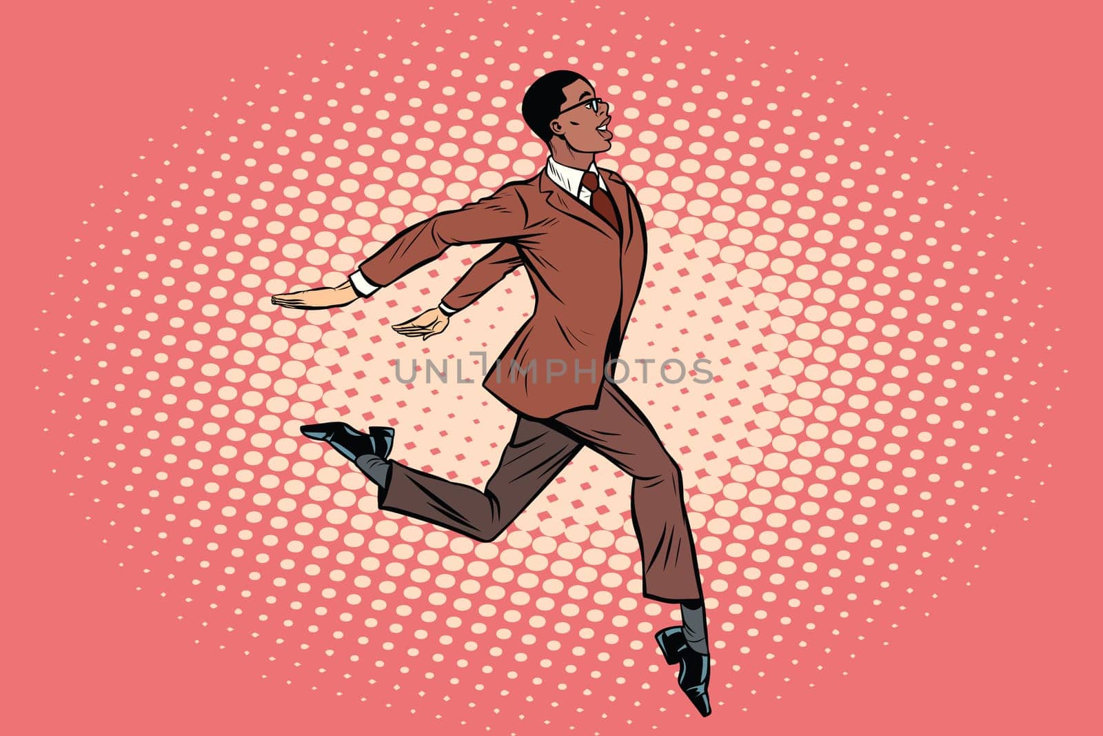Elegant businessman runs forward. African American people. Pop art retro vector illustration