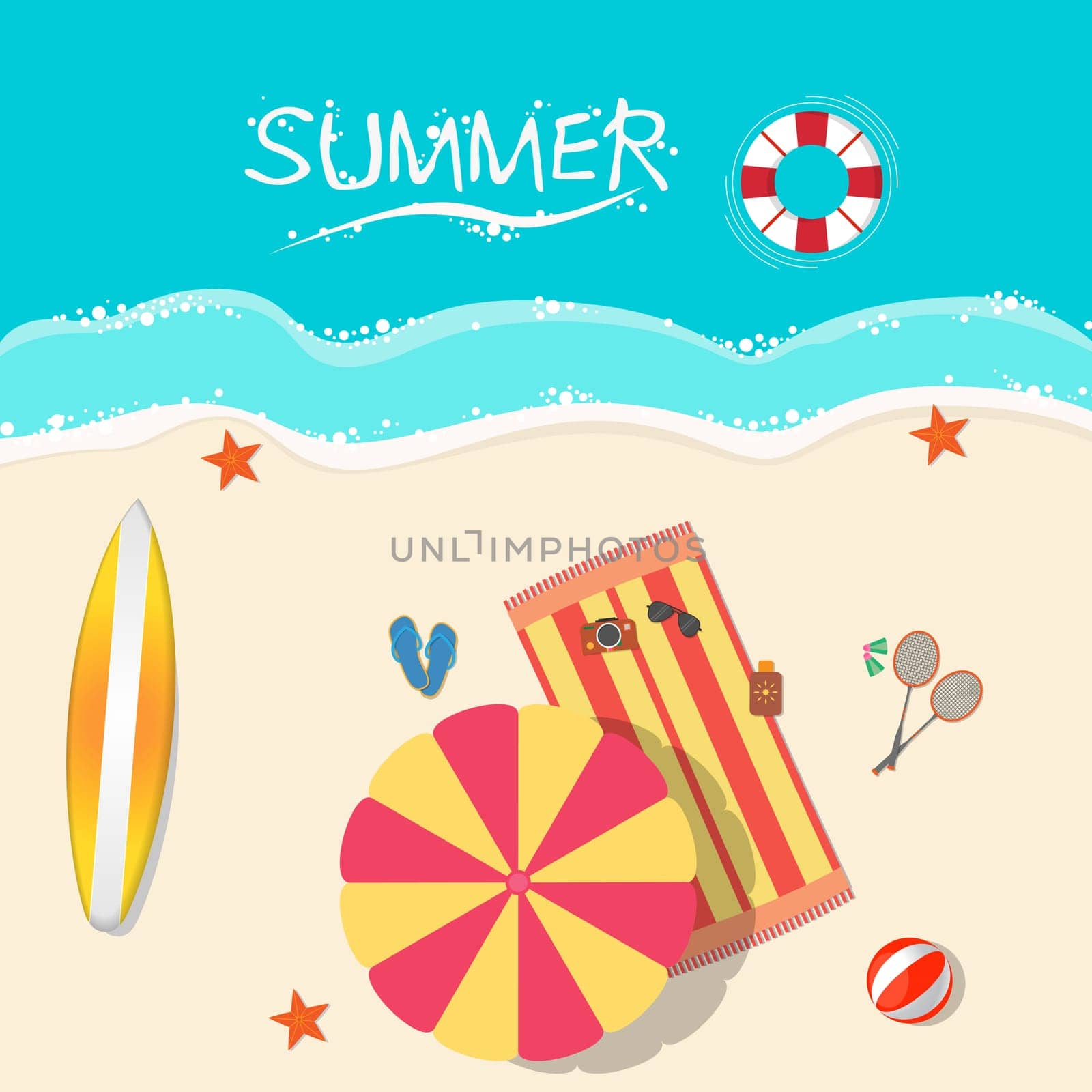 Top view of a sunny beach. Summer vacation concept