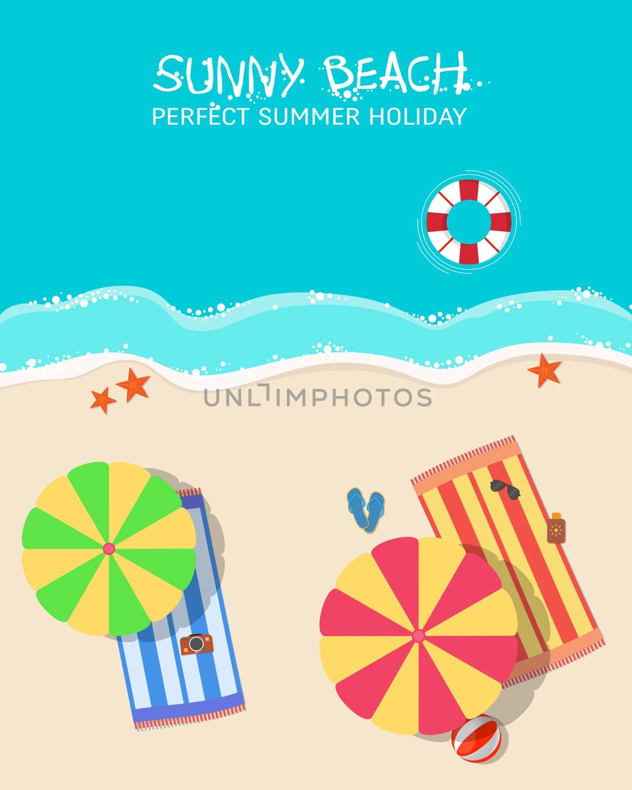 Top view of a sunny beach. Summer vacation concept