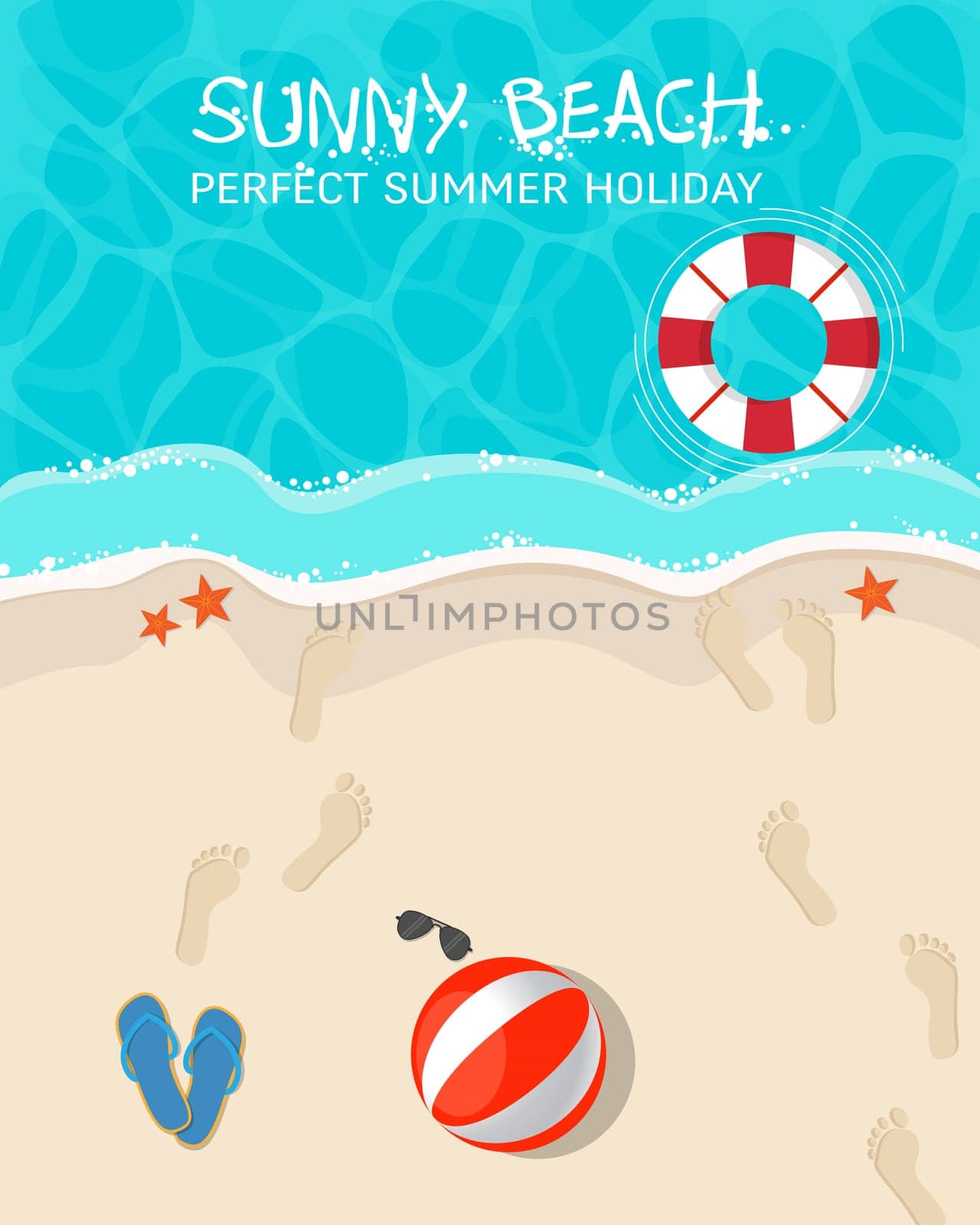 Top view of a sunny beach. Summer vacation concept