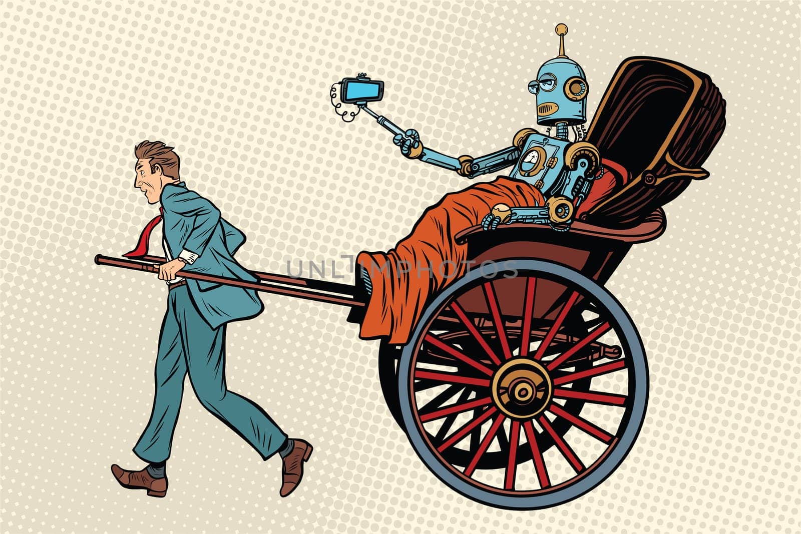 People rickshaw ride robot. Pop art retro vector illustration