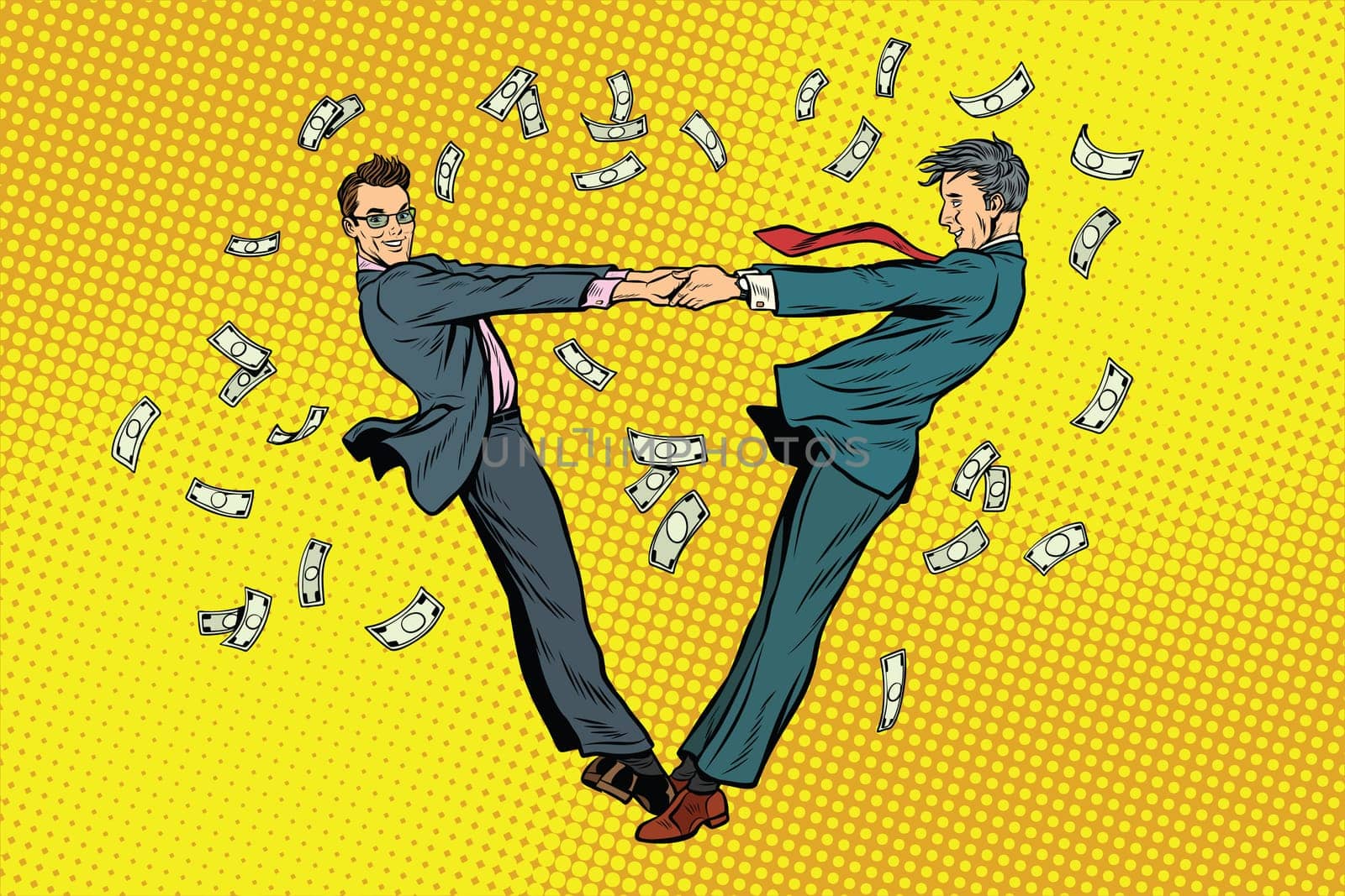 Two businessmen happily dancing in a whirlwind of money. Pop art retro vector illustration