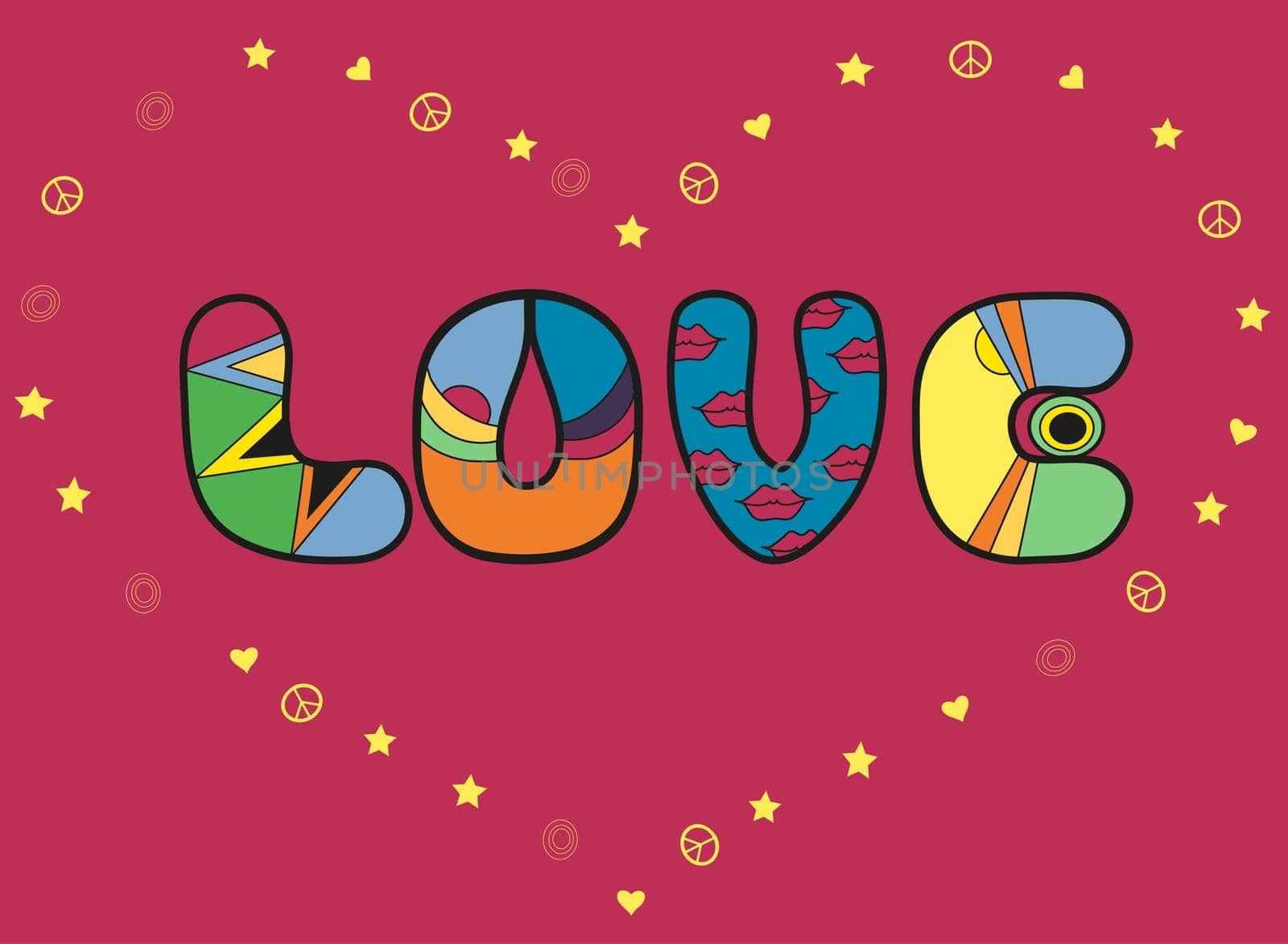 Inscription Love. Colorful artistic font. Romantic card. Big heart by yellow symbols of stars, hearts. Illustration.