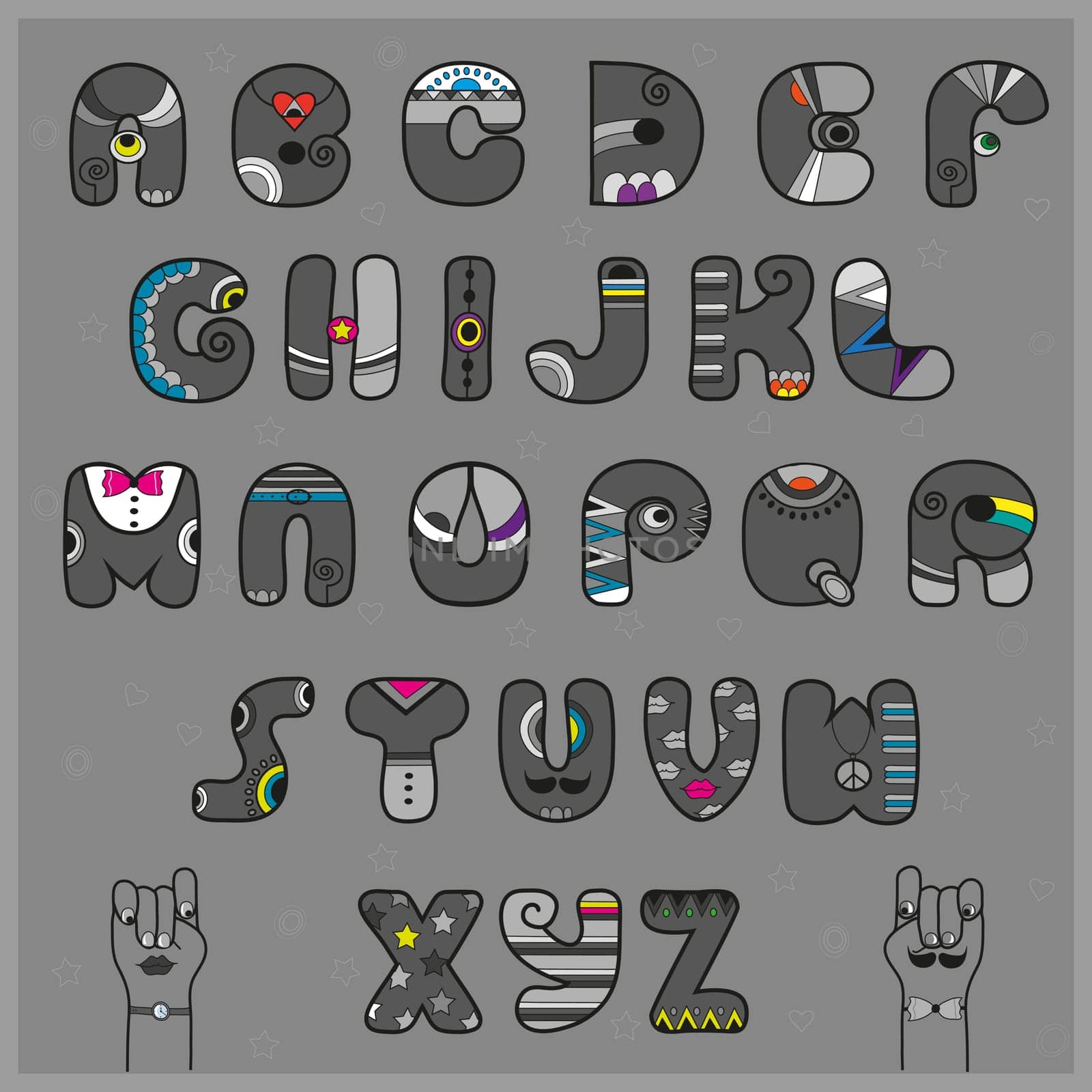 Hipster Alphabet. Funny artistic font. Gray letters with bright parts. Vintage fashion. Cartoon hands looking at each other. Illustration.