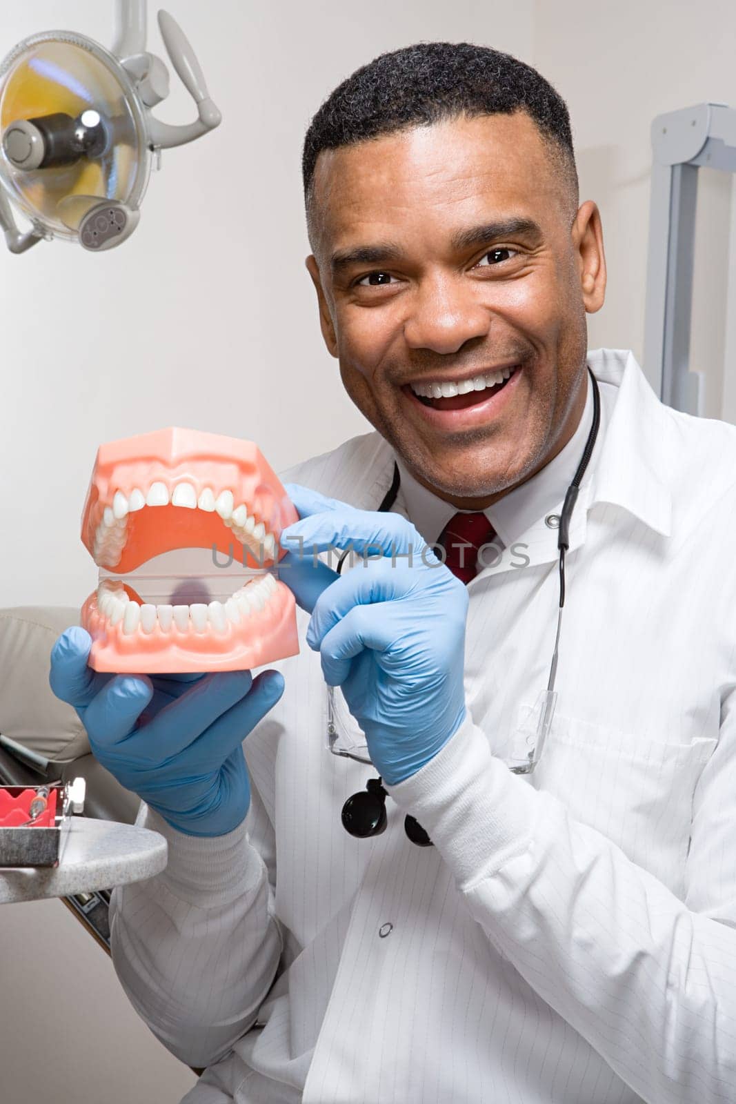 Dentist holding false teeth