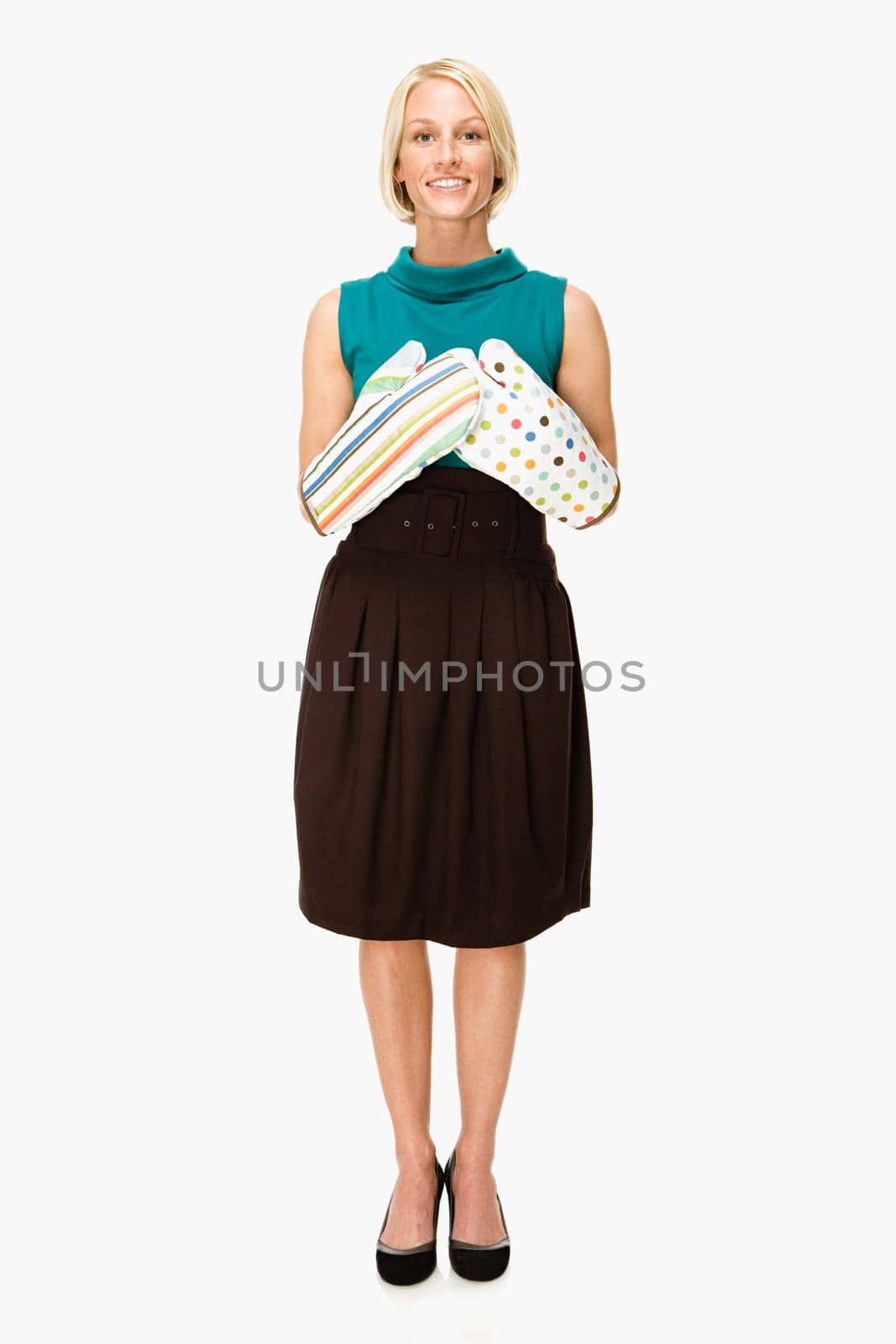 Woman wearing oven gloves