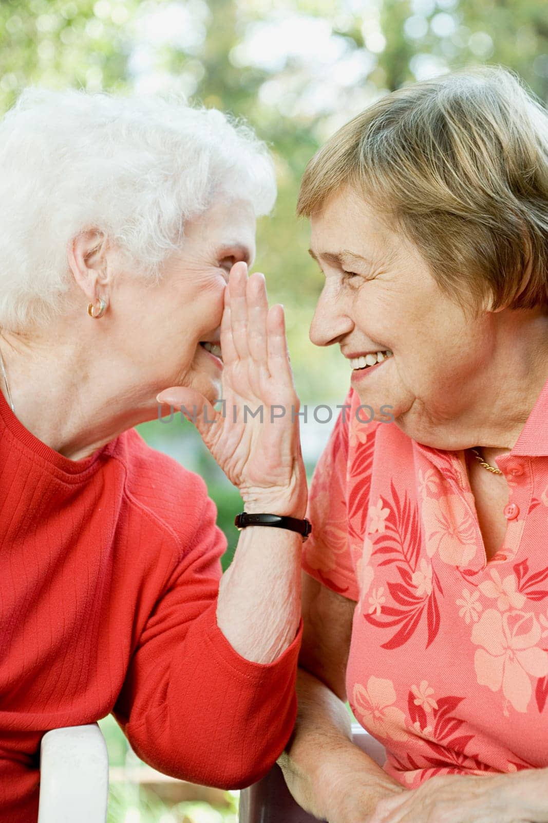 Two senior women sharing a secret