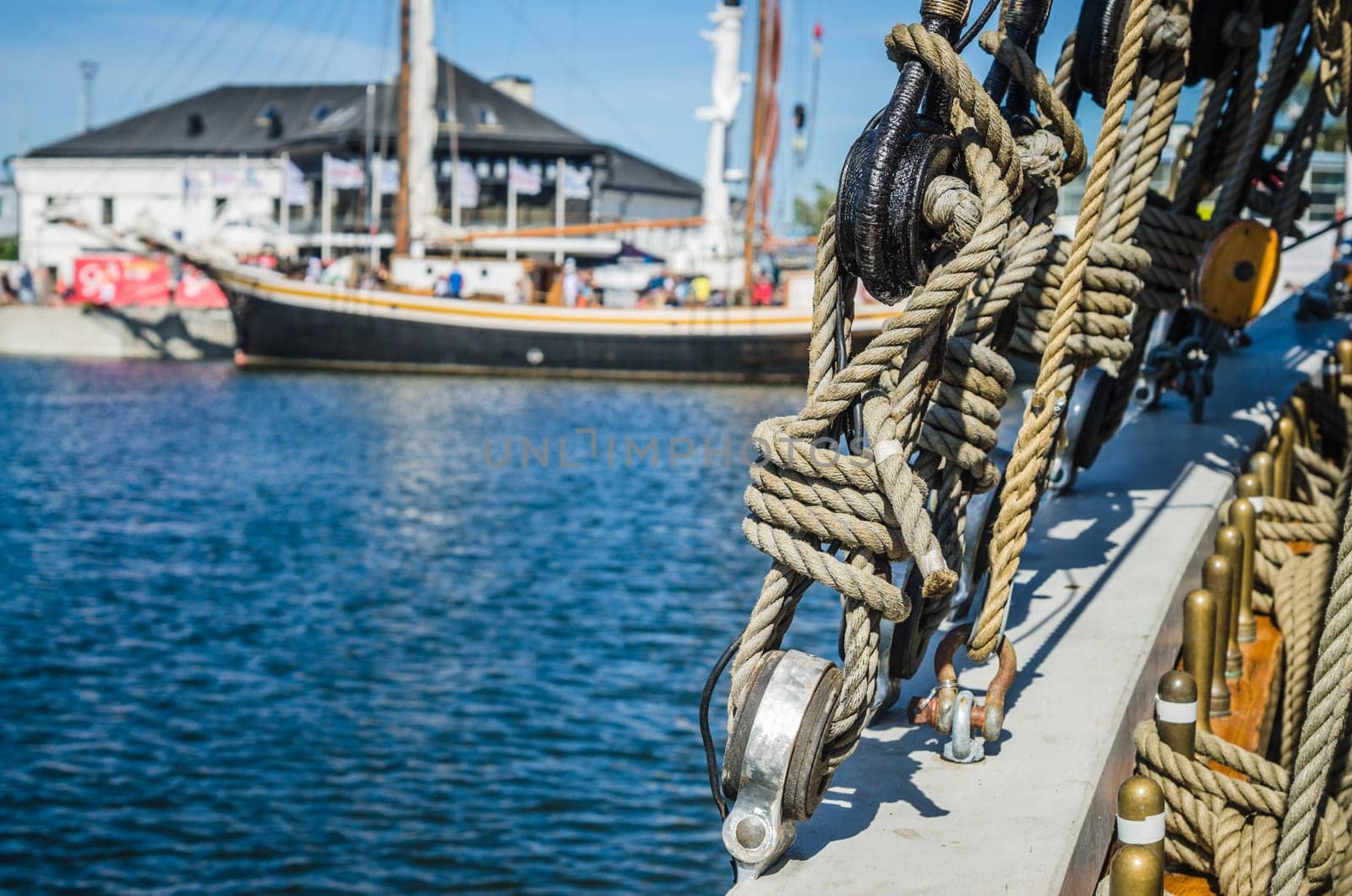Ropes and rigging on an old sailboat, shallow depth of field