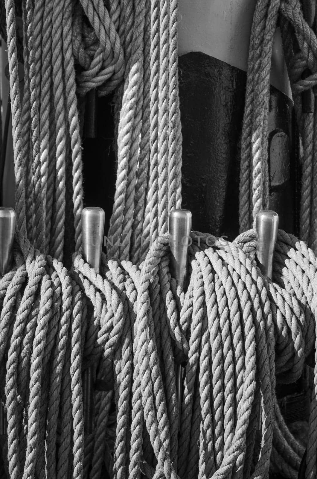 The ropes braided in bays on an ancient sailing vessel