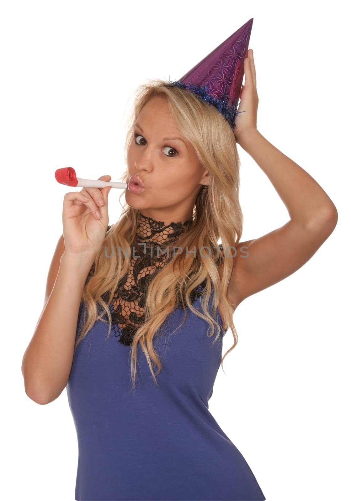 Lovely blonde party girl with hat and toy whistle