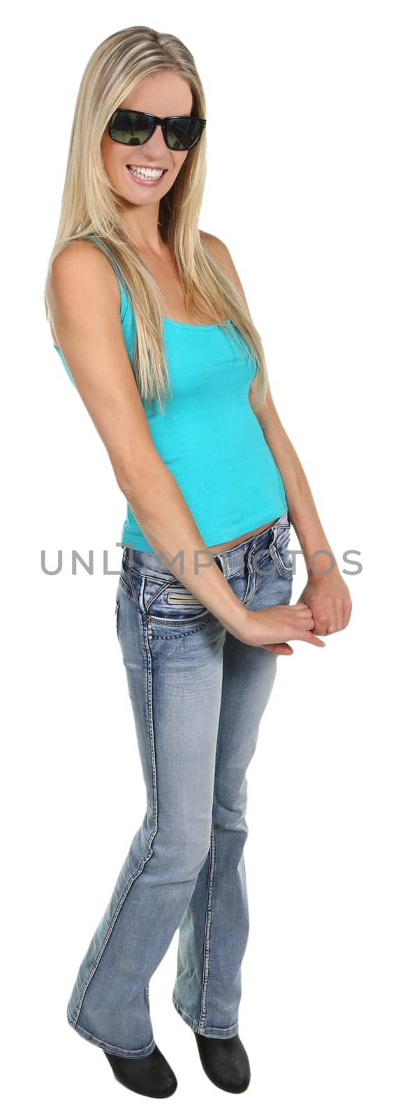 Beautiful young lady posing with sunglasses on against white background