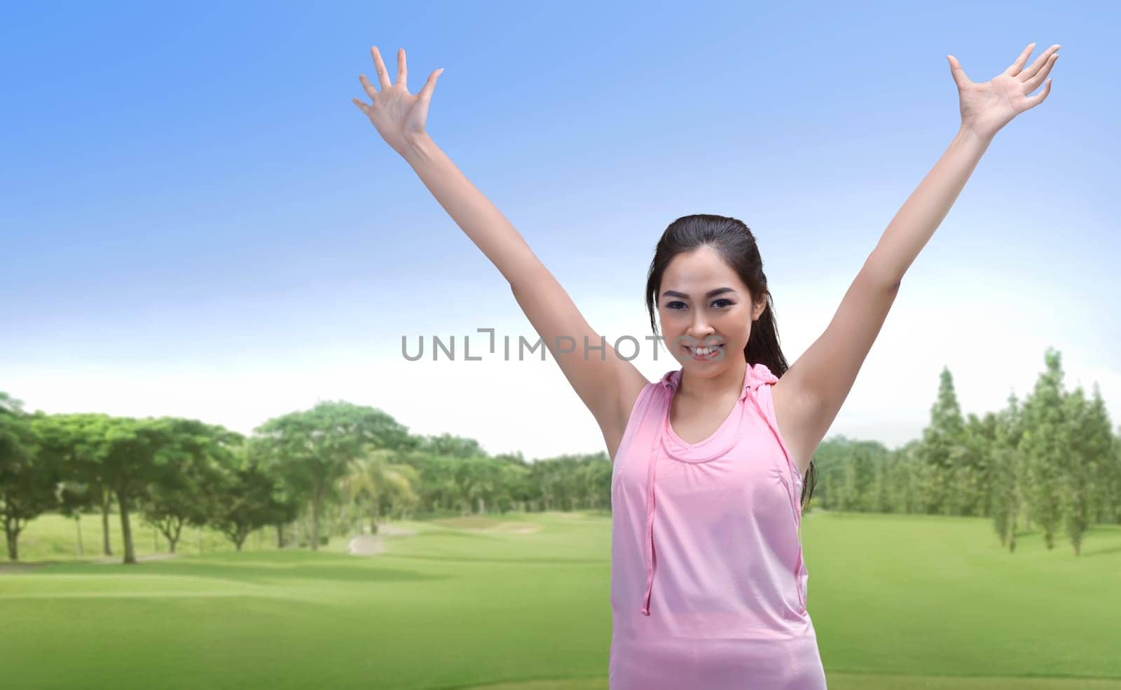 Happy asian athlete woman running exercise with landscape background