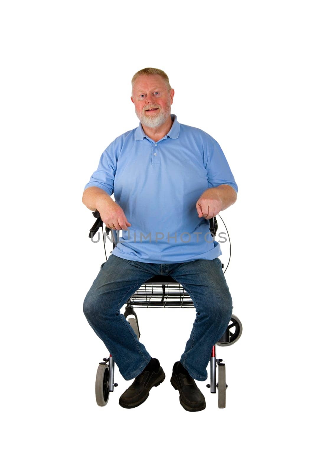 Senior with rollator exposed on white background