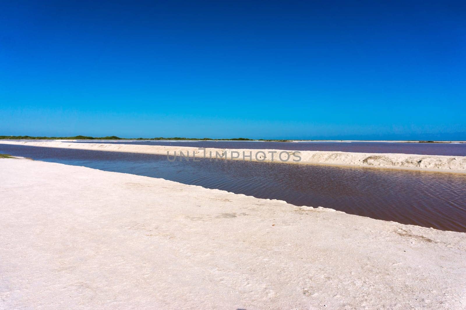 Landscape view of salt production pools near Rio Lagartos, Mexico