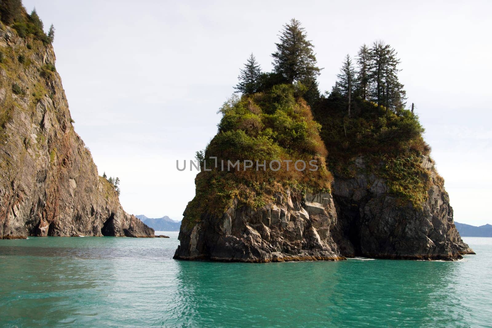 Beautiful rock buttes jut out of the ocean growing vegetation