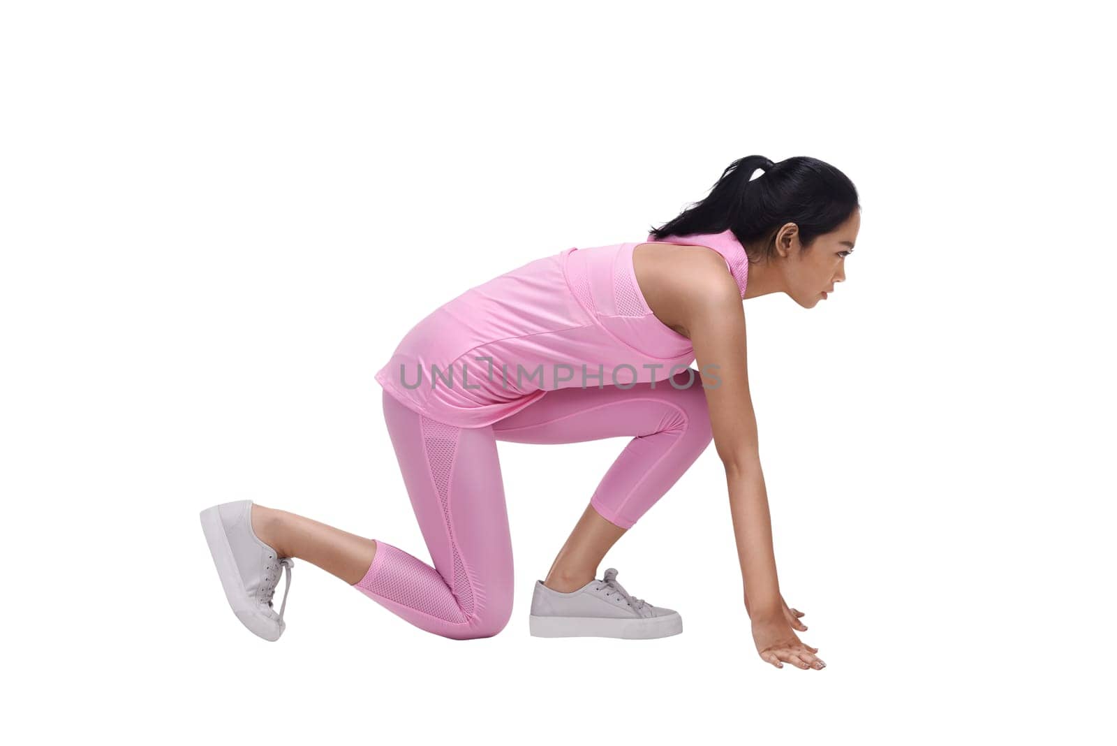 Young asian woman athlete ready to running workout isolated over white background
