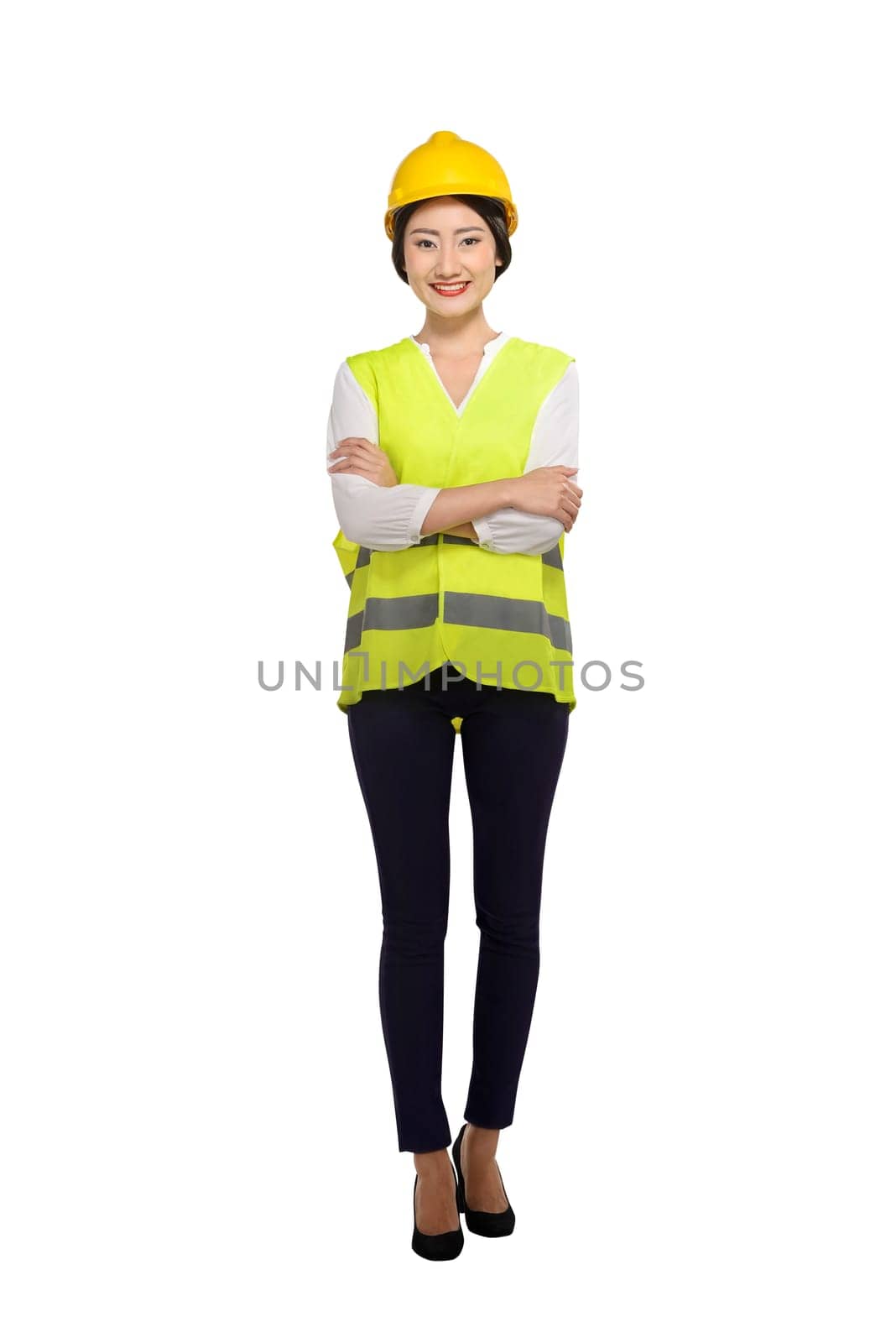 Smiling asian woman worker with hard hat isolated over white background