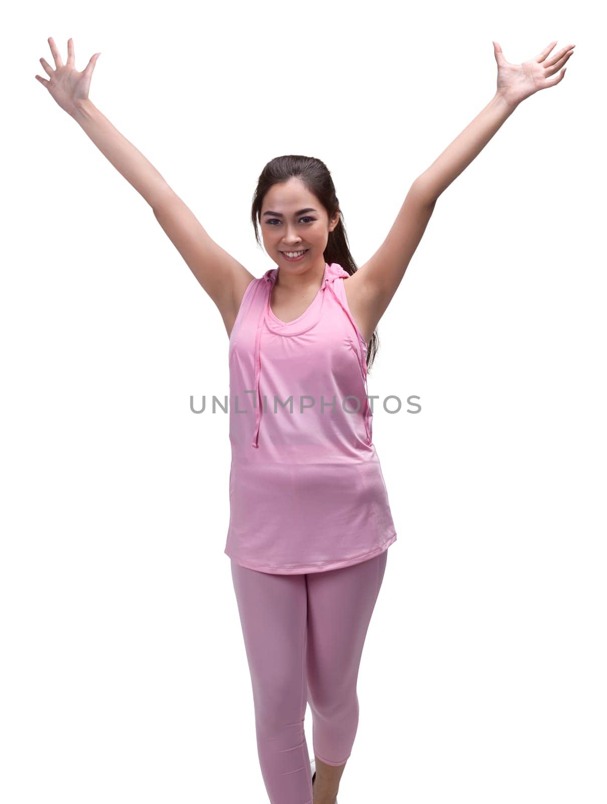 Happy asian woman running with smiling face isolated over white background