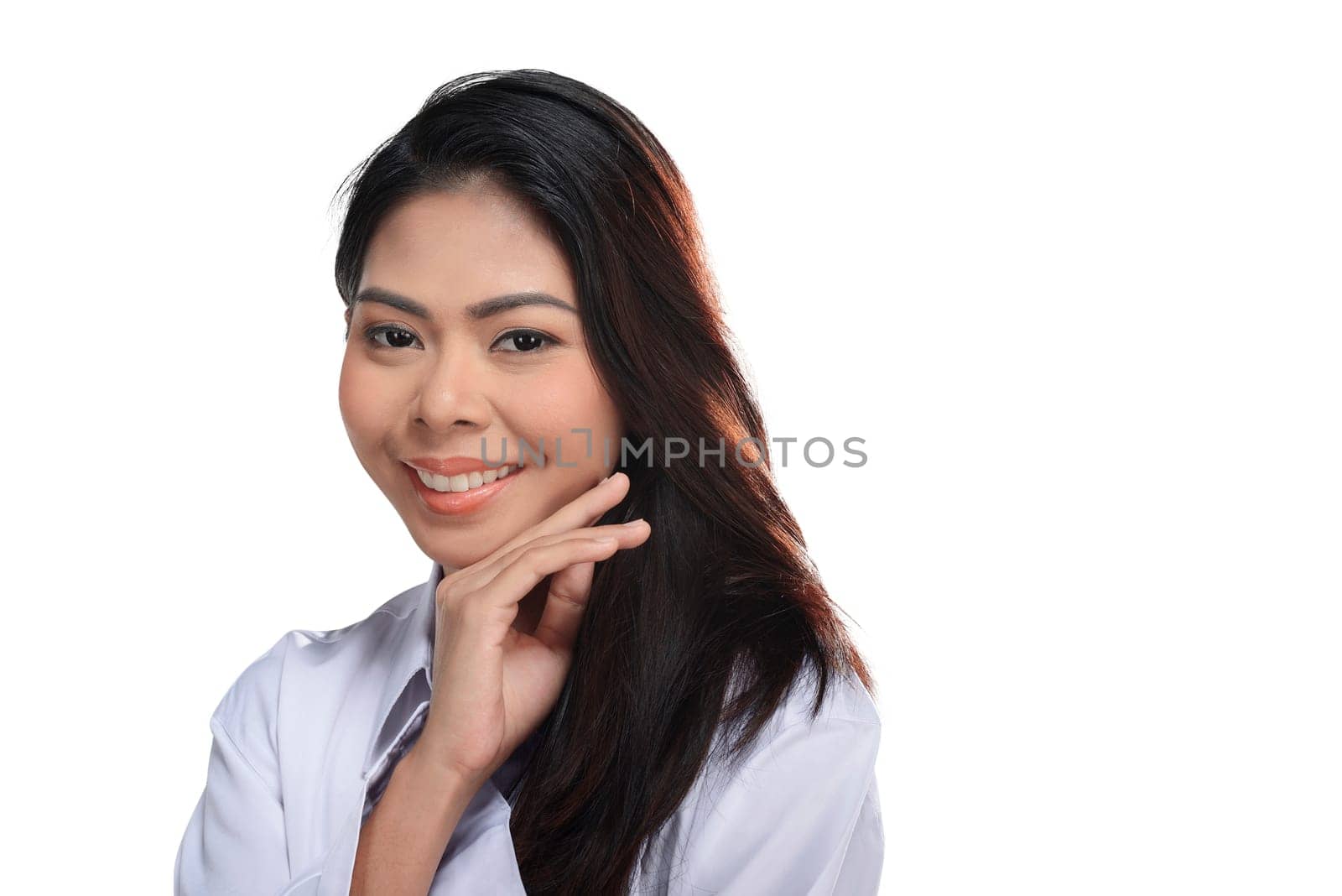 Beautiful asian woman with white shirt isolated over white background
